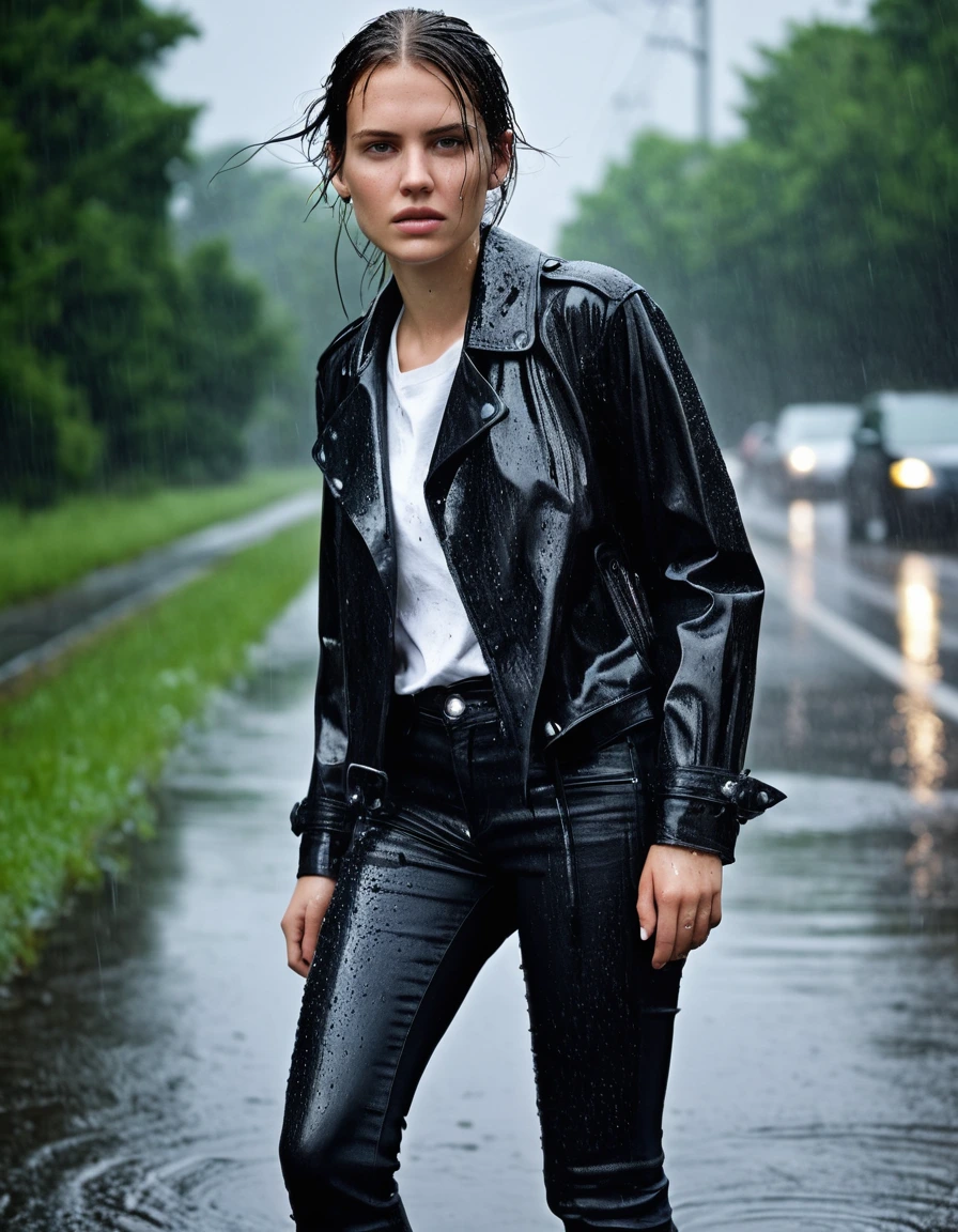 professional photo of young woman, in soaking wet, drenched clothes, wet clothes stuck to body, detailed textures of the wet clothes, wet face, wet plastered hair, wet, drenched, wet skin, damp fabric, wearing a water-drenched white oversize leather button shirt, black leather jacket, saturated, black trench coat, skin tight black leather jeans, saturated, black leather ankle boots, soaked and glistening, streaming raindrops, fabric transparency, high-contrast water cling, water dripping from hem, standing in heavy rain at night, storm aftermath atmosphere, cinematic lighting, close up, sharp focus, photorealistic, ultra-detailed fabric texture, realistic colors, RAW photo, professionally color graded