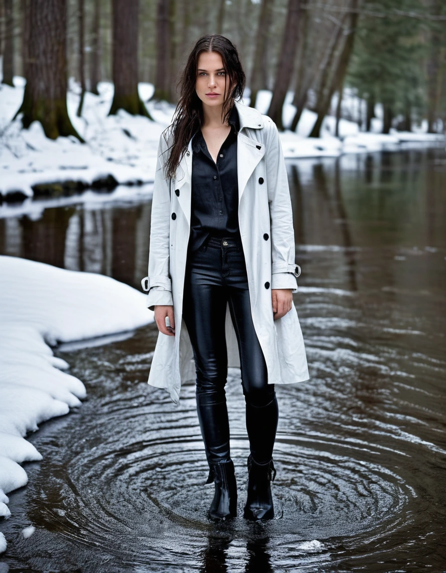 professional photo of young woman, in soaking wet, drenched clothes, wet clothes stuck to body, detailed textures of the wet clothes, wet face, wet plastered hair, wet, drenched, wet skin, damp fabric, water-drenched white oversize leather button shirt, black leather jacket, black trench coat, skin tight black leather jeans, black leather ankle boots, soaked and glistening, streaming raindrops, fabric transparency, high-contrast water cling, water dripping from hem, standing in a river in a snow covered forest, snowing, covered in snow, cinematic lighting, storm aftermath atmosphere, full body view, detailed fabric texture, sharp focus, photorealistic, ultra-detailed fabric texture, realistic colors, RAW photo, professionally color graded