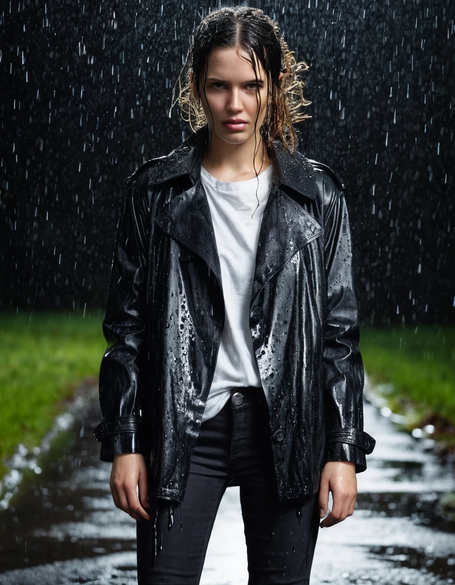professional photo of young woman, in soaking wet, drenched clothes, wet clothes stuck to body, detailed textures of the wet clothes, wet face, wet plastered hair, wet, drenched, wet skin, damp fabric, wearing a water-drenched white oversize leather button shirt, black leather jacket, saturated, black trench coat, skin tight black leather jeans, saturated, and black leather ankle boots, soaked and glistening, standing in heavy rain, streaming raindrops, fabric transparency, high-contrast water cling, water dripping from hem, storm aftermath atmosphere, cinematic lighting, at night, close up, full body view, detailed fabric texture, sharp focus, photorealistic, ultra-detailed fabric texture, realistic colors, RAW photo, professionally color graded