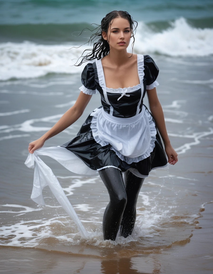 photo of young woman, in soaking wet, drenched clothes,
Heels, Knee skirt, French maid, Walking in sea, 
enjoying, wet clothes stuck to body,
detailed textures of the wet clothes, wet face, wet plastered hair,
wet, drenched, professional, high-quality details, full body view.
sharp focus, ultra-high pixel detail, realistic, high-quality, full colors, incredibly detailed, 4k, 8k, 16k, hyper-realistic, RAW photo, masterpiece, ultra-detailed, professionally color graded, professional photograph, Black tights, wet skin, wet clothes, damp fabric