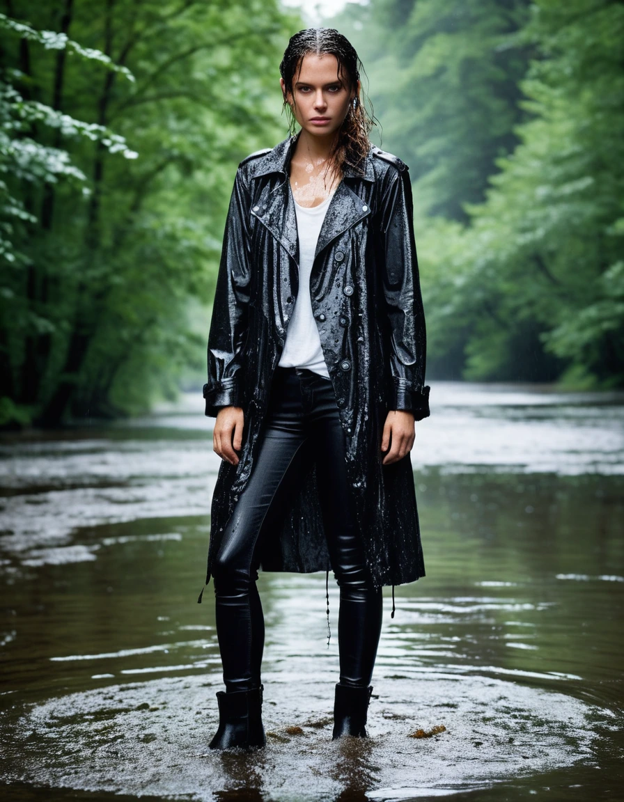 professional photo of young woman, in soaking wet, drenched clothes, wet clothes stuck to body, detailed textures of the wet clothes, wet face, wet plastered hair, wet, drenched, wet skin, damp fabric, water-drenched white oversize leather button shirt, black leather jacket, black trench coat, skin tight black leather jeans, black leather ankle boots, soaked and glistening, streaming raindrops, fabric transparency, high-contrast water cling, water dripping from hem, standing in a river in a forest, heavy rain, storm aftermath atmosphere, cinematic lighting, close up, sharp focus, photorealistic, ultra-detailed fabric texture, realistic colors, RAW photo, professionally color graded