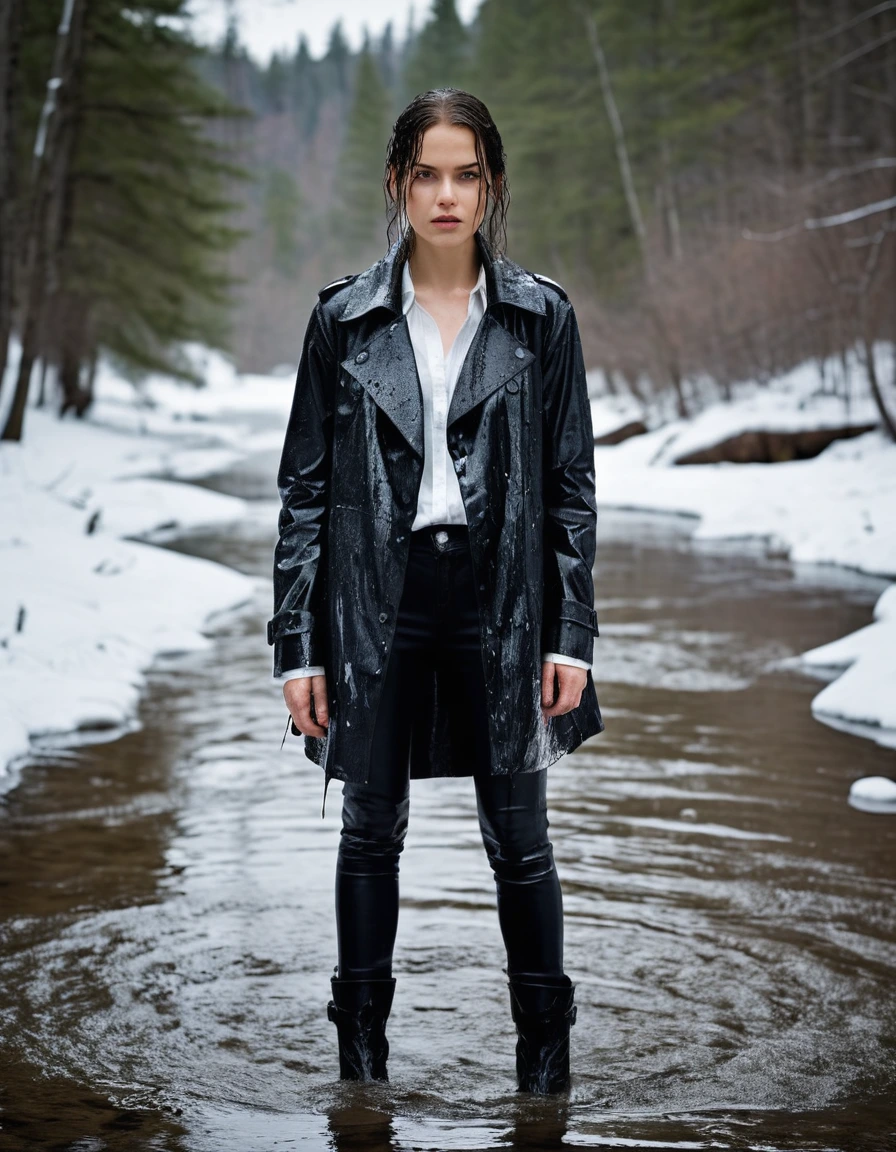 professional photo of young woman, in soaking wet, drenched clothes, wet clothes stuck to body, detailed textures of the wet clothes, wet face, wet plastered hair, wet, drenched, wet skin, damp fabric, white oversize leather button shirt, black leather jacket, black trench coat, skin tight black leather jeans, black leather ankle boots, soaked and glistening, streaming raindrops, fabric transparency, high-contrast water cling, water dripping from hem, standing in a river in a snow covered forest, snowing, covered in snow, cinematic lighting, storm aftermath atmosphere, full body view, detailed fabric texture, sharp focus, photorealistic, ultra-detailed fabric texture, realistic colors, RAW photo, professionally color graded