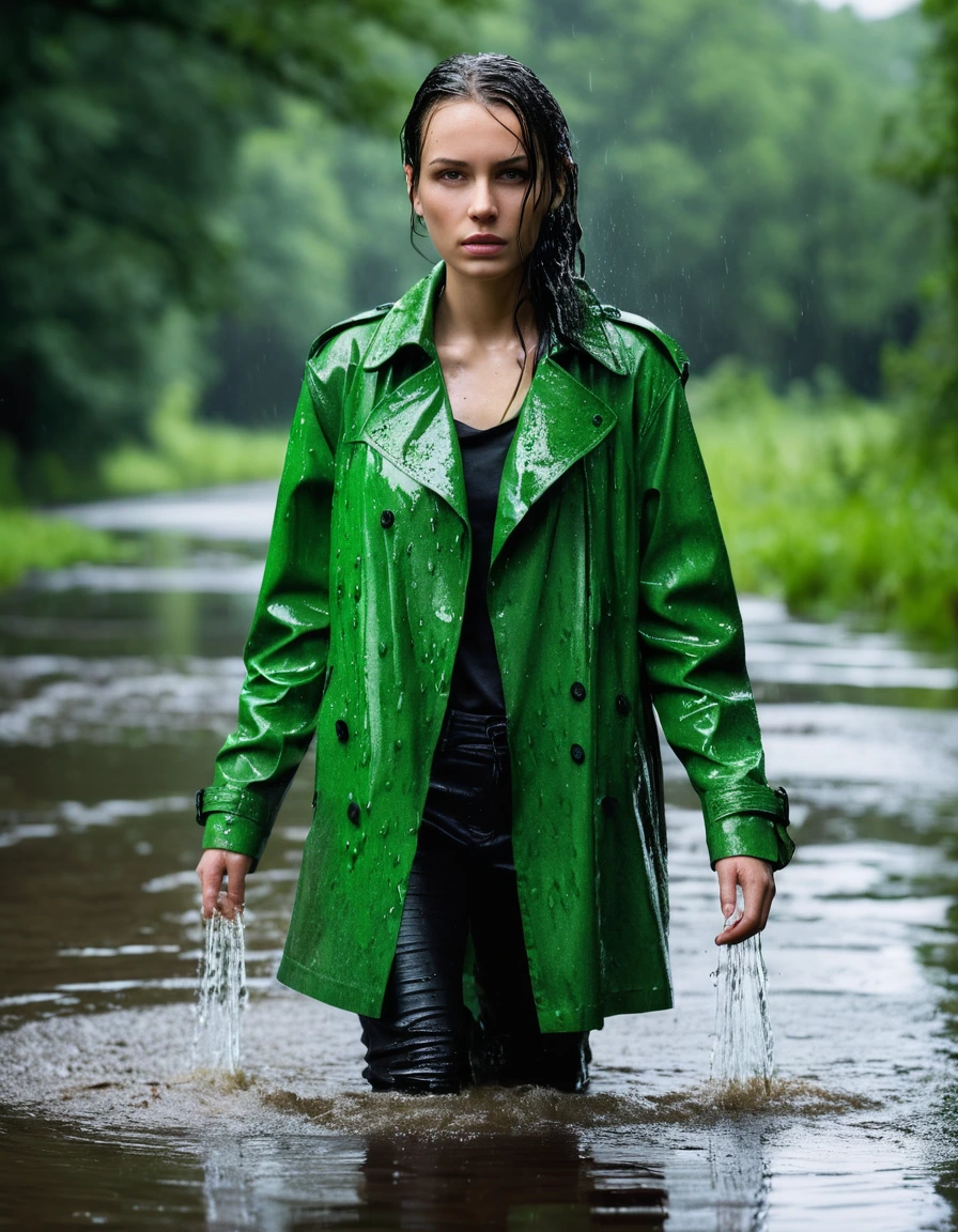 professional photo of young woman, in soaking wet, drenched clothes, wet clothes stuck to body, detailed textures of the wet clothes, wet face, wet plastered hair, wet, drenched, wet skin, damp fabric, water-drenched neon green oversize t-shirt, black leather jacket, saturated, black trench coat, skin tight black leather jeans, saturated, black leather ankle boots, soaked and glistening, streaming raindrops, fabric transparency, high-contrast water cling, water dripping from hem, standing in a river in a forest, heavy rain, storm aftermath atmosphere, cinematic lighting, close up, sharp focus, photorealistic, ultra-detailed fabric texture, realistic colors, RAW photo, professionally color graded