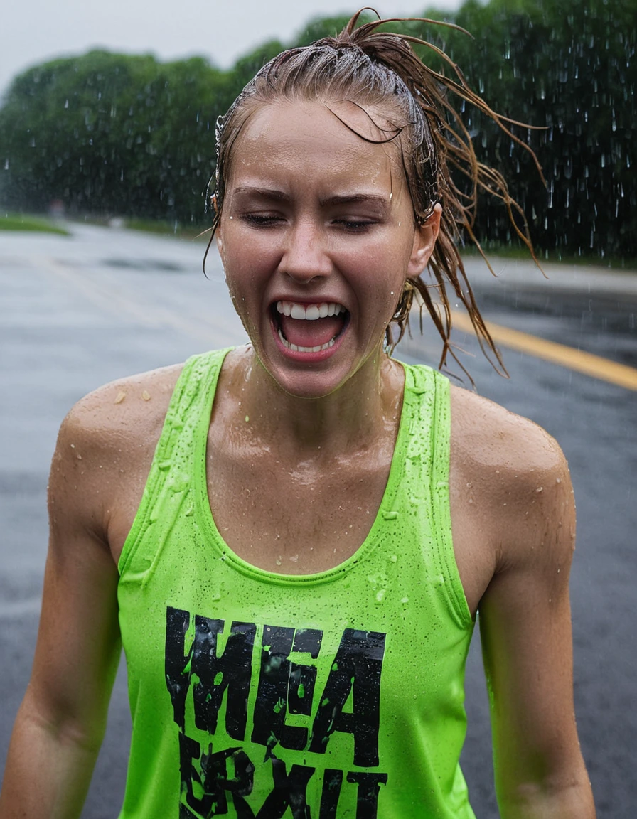 professional photo of young woman, in soaking wet, drenched clothes, wet clothes stuck to body, detailed textures of the wet clothes, wet face, wet plastered hair, wet, drenched, wet skin, damp fabric, neon lime racerback sports tank top, translucent and dripping wet, realistic performance material, charcoal grey high-waisted spandex leggings, saturated and clinging to skin, white leather sneakers with mud-splattered laces, laughing while pushing back wet hair from her face, water droplets cascading off her eyelashes and clothes, concrete parking garage exit ramp during a heavy thunderstorm, overcast natural light, cinematic texture, high-speed shutter capture, eye-level medium shot, sharp focus on facial expression, full body view, detailed fabric texture, sharp focus, photorealistic, ultra-detailed fabric texture, realistic colors, RAW photo, professionally color graded