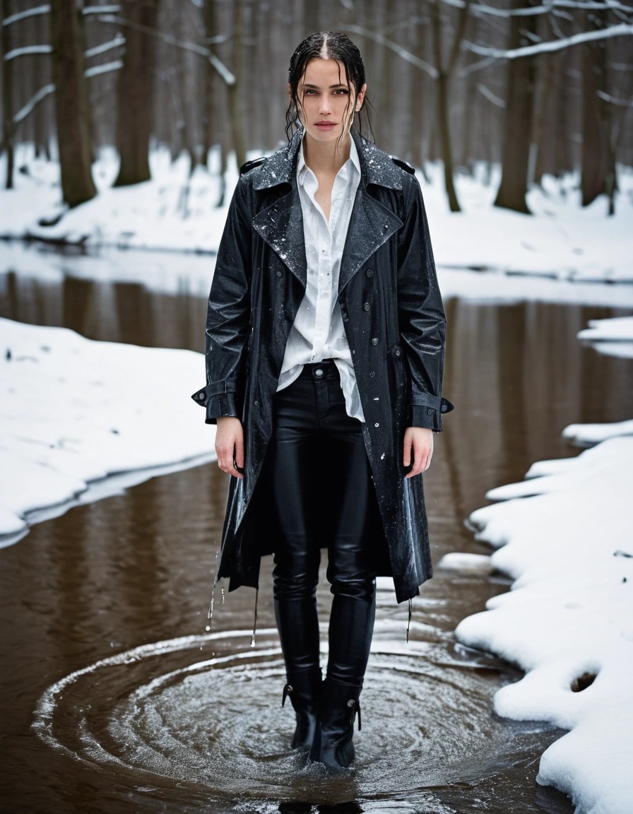 professional photo of young woman, in soaking wet, drenched clothes, wet clothes stuck to body, detailed textures of the wet clothes, wet face, wet plastered hair, wet, drenched, wet skin, damp fabric, white oversize leather button shirt, black leather jacket, black trench coat, skin tight black leather jeans, black leather ankle boots, soaked and glistening, streaming raindrops, fabric transparency, high-contrast water cling, water dripping from hem, standing in a river in a snow covered forest, snowing, covered in snow, cinematic lighting, storm aftermath atmosphere, full body view, detailed fabric texture, sharp focus, photorealistic, ultra-detailed fabric texture, realistic colors, RAW photo, professionally color graded