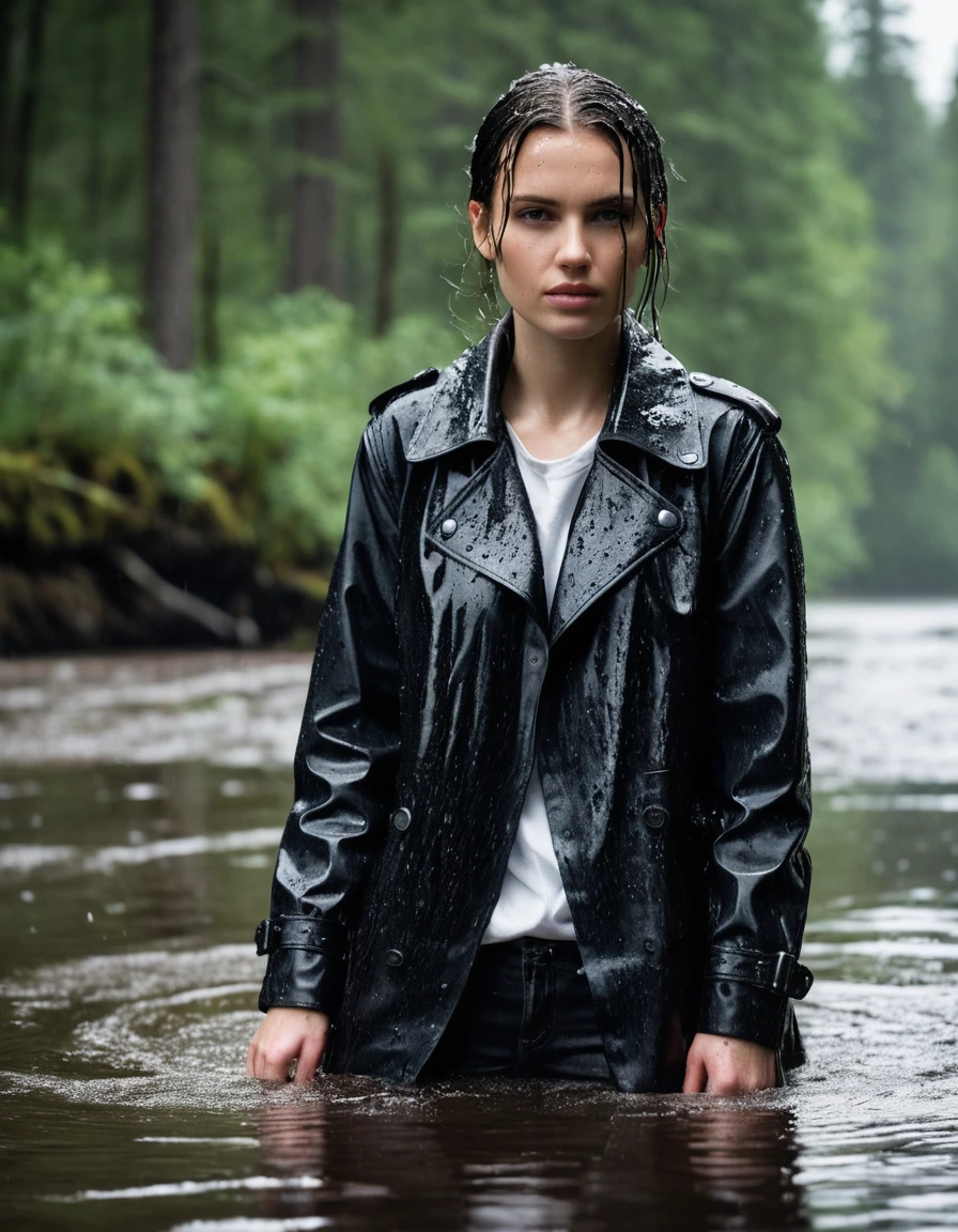 professional photo of young woman, in soaking wet, drenched clothes, wet clothes stuck to body, detailed textures of the wet clothes, wet face, wet plastered hair, wet, drenched, wet skin, damp fabric, standing in a river, water-drenched white oversize leather button shirt, black leather jacket, black trench coat, skin tight black leather jeans, saturated, black leather ankle boots, soaked and glistening, streaming raindrops, fabric transparency, high-contrast water cling, water dripping from hem, snow covered forest environment, snowing, storm aftermath atmosphere, cinematic lighting, full body view, close up, sharp focus, photorealistic, ultra-detailed fabric texture, realistic colors, RAW photo, professionally color graded