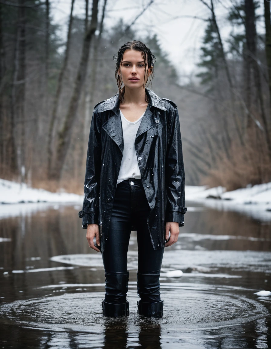 professional photo of young woman, in soaking wet, drenched clothes, wet clothes stuck to body, detailed textures of the wet clothes, wet face, wet plastered hair, wet, drenched, wet skin, damp fabric, water-drenched white oversize leather button shirt, black leather jacket, black trench coat, skin tight black leather jeans, black leather ankle boots, soaked and glistening, streaming raindrops, fabric transparency, high-contrast water cling, water dripping from hem, standing in a river in a snow covered forest, snowing, covered in snow, cinematic lighting, storm aftermath atmosphere, full body view, detailed fabric texture, sharp focus, photorealistic, ultra-detailed fabric texture, realistic colors, RAW photo, professionally color graded