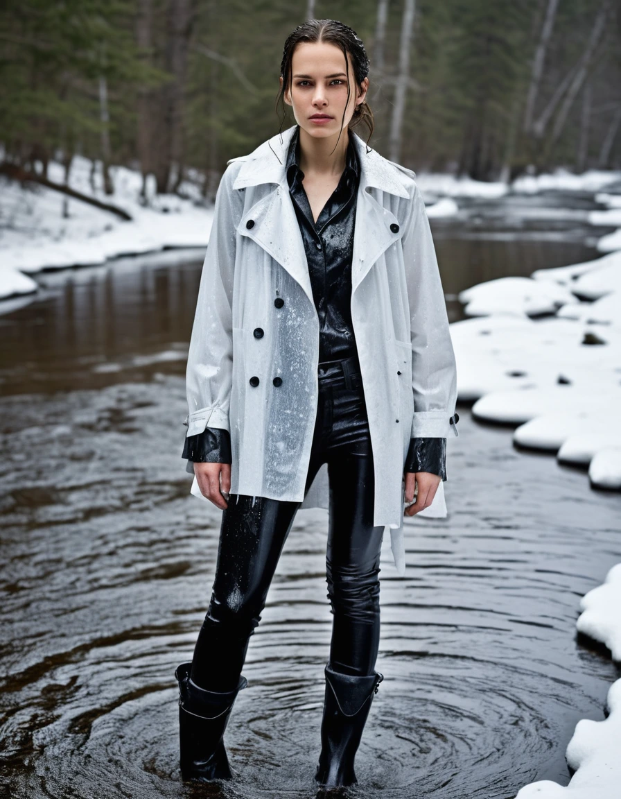 professional photo of young woman, in soaking wet, drenched clothes, wet clothes stuck to body, detailed textures of the wet clothes, wet face, wet plastered hair, wet, drenched, wet skin, damp fabric, water-drenched white oversize leather button shirt, black leather jacket, black trench coat, skin tight black leather jeans, black leather ankle boots, soaked and glistening, streaming raindrops, fabric transparency, high-contrast water cling, water dripping from hem, standing in a river in a snow covered forest, snowing, covered in snow, cinematic lighting, storm aftermath atmosphere, full body view, detailed fabric texture, sharp focus, photorealistic, ultra-detailed fabric texture, realistic colors, RAW photo, professionally color graded