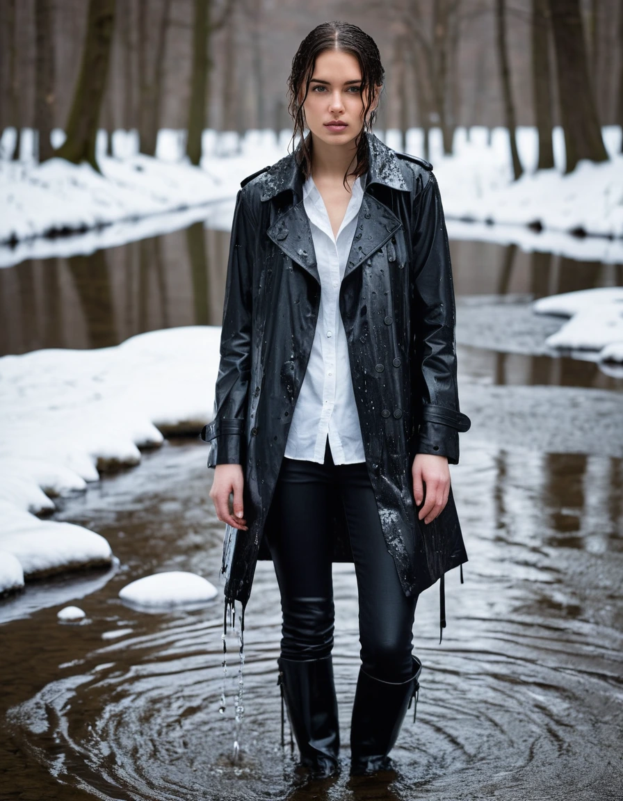 professional photo of young woman, in soaking wet, drenched clothes, wet clothes stuck to body, detailed textures of the wet clothes, wet face, wet plastered hair, wet, drenched, wet skin, damp fabric, water-drenched white oversize leather button shirt, black leather jacket, black trench coat, skin tight black leather jeans, black leather ankle boots, soaked and glistening, streaming raindrops, fabric transparency, high-contrast water cling, water dripping from hem, standing in a river in a snow covered forest, snowing, covered in snow, cinematic lighting, storm aftermath atmosphere, full body view, detailed fabric texture, sharp focus, photorealistic, ultra-detailed fabric texture, realistic colors, RAW photo, professionally color graded