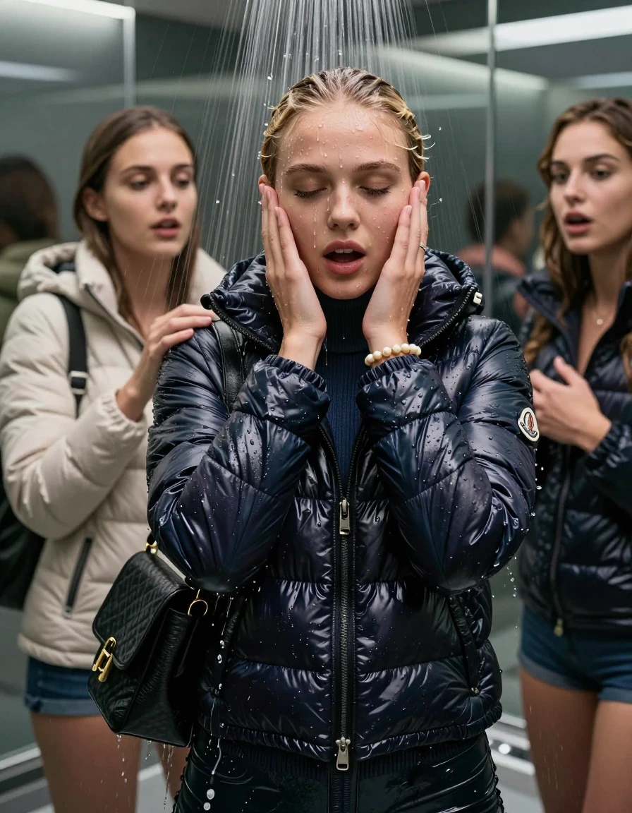 photo of young woman, in soaking wet, drenched clothes,
, , Moncler shiny puffer down jacket, tight turtleneck sweater belly free, shoulderbag, pearl necklace, bracelet, wristwatch, Under the shower, strong jet of water, modern mirrored bathroom, 
enjoying, wet clothes stuck to body,
detailed textures of the wet clothes, wet face, wet plastered hair,
wet, drenched, professional, high-quality details, full body view.
sharp focus, ultra-high pixel detail, realistic, high-quality, full colors, incredibly detailed, 4k, 8k, 16k, hyper-realistic, RAW photo, masterpiece, ultra-detailed, professionally color graded, professional photograph, Blonde Sleek bun

 21 years old  teenage girl and her female  friends

Only head and shoulders are over the surface visible. Looking at Camera . Open mouth, half closed eyes . Hold her hands on her face. hugs her friend. Water running down her face and neck.

The girls wear different clothes and down jackets.

she is completely underwater up to her neck, horny and astonished expression. 

her clothing is soaking wet and clinging tightly to her skin, showing heavy wet folds, darkened fabric texture, and deep water-saturated Patches, her clothes are heavy from the water, water runs from her body and her clothes in streams. A lot of water also runs out of her clothes. Her clothes are darkened by the water. Her submerged clothes are good visible under the water.  she soaked her handbag into the water.

close up view, wet skin, wet clothes, wet hair, damp fabric, water runs down the clothes, wet skin, wet clothes, damp fabric. cinematic medium shot, hyper-realistic wetness, high-contrast water sheen, sharp focus, 16k resolution, professional photography, realistic water physics., wet skin, wet clothes, damp fabric, wet skin, wet clothes, damp fabric, wet skin, wet clothes, damp fabric, wet skin, wet clothes, damp fabric, wet skin, wet clothes, damp fabric, wet skin, wet clothes, damp fabric, wet skin, wet clothes, damp fabric, wet skin, wet clothes, damp fabric, wet skin, wet clothes, damp fabric