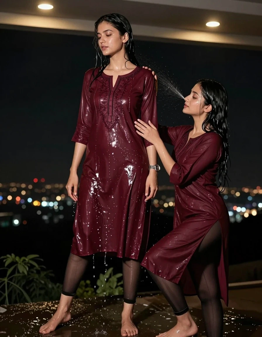 Hyper-realistic photography of two young adult European women on a dark hilltop at night overlooking a distant city. One woman stands tall, wearing a burgundy traditional embroidery kurti with a center-cut opening, paired with sheer black tights; she is barefoot, with water cascading down her skin and soaking into the fabric of her kurti, causing it to cling to her body with realistic damp textures, dark saturation, and heavy folds. A metal strap diver's watch is visible on her wrist. The second woman, Lexxis, is actively spraying water onto her. Both women are posing in a seductive, interactive manner. The scene is illuminated exclusively by overhead ceiling-style recessed warm spotlights, creating dramatic highlights on their wet skin, dripping hair, and the glistening damp fabric of their clothing. High-detail, cinematic lighting, sharp focus on skin texture and water droplets, avoiding Indian models, ensuring no other light sources are present.