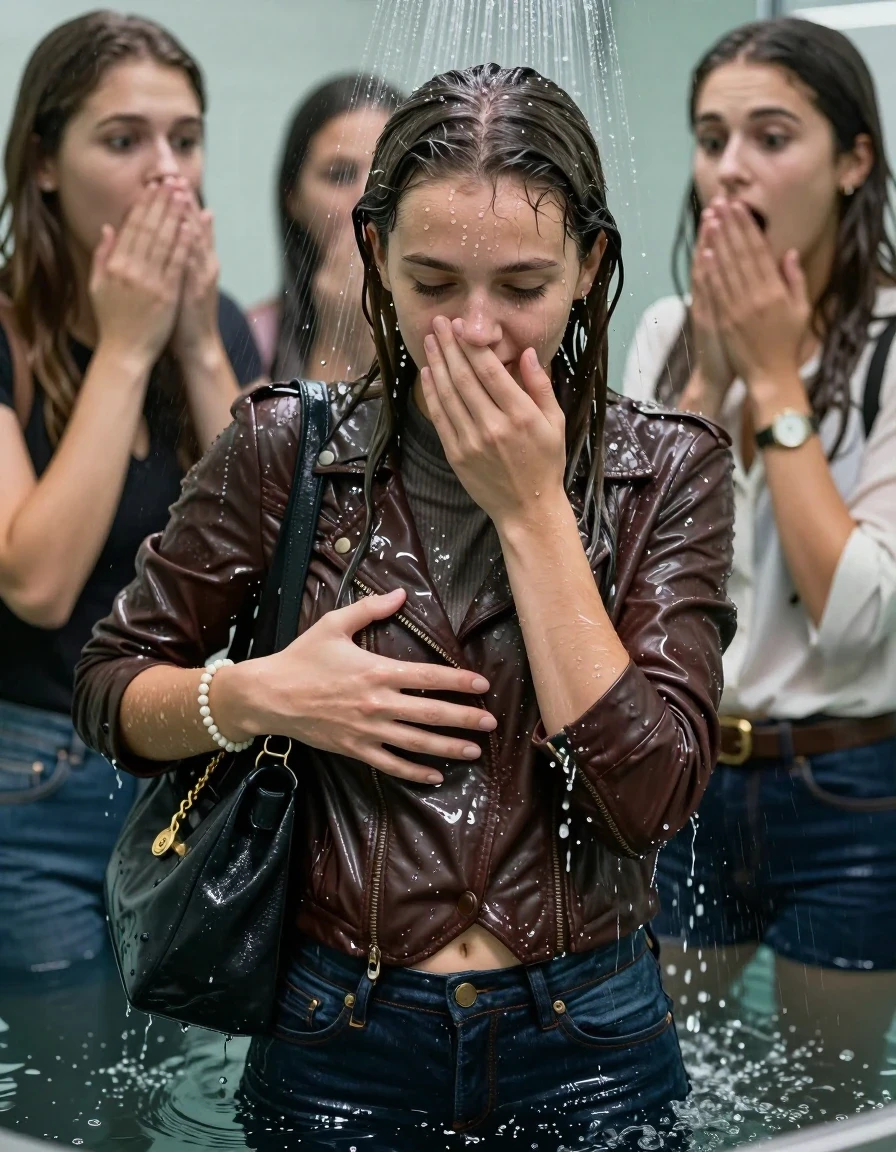 photo of young woman, in soaking wet, drenched clothes,
, Skinny jeans, Leatherjacket, Long sleeve turtleneck sweater belly free, shoulderbag, pearl necklace, bracelet, wristwatch, Under the shower emerging in a tube, strong jet of water, at office , 
enjoying, wet clothes stuck to body,
detailed textures of the wet clothes, wet face, wet plastered hair,
wet, drenched, professional, high-quality details, full body view.
sharp focus, ultra-high pixel detail, realistic, high-quality, full colors, incredibly detailed, 4k, 8k, 16k, hyper-realistic, RAW photo, masterpiece, ultra-detailed, professionally color graded, professional photograph, Long Sleek straight hair

 15-years-old  teenage girl and her female  friends

Only head and shoulders are over the surface visible. Looking down. Open mouth, big eyes . Covers her nose with a hand. hugs her friend. Water running down her face and neck.

The girls wear different clothes and jackets.

she is completely underwater up to her neck, horny and astonished expression. 

her clothing is soaking wet and clinging tightly to her skin, showing heavy wet folds, darkened fabric texture, and deep water-saturated Patches, her clothes are heavy from the water, water runs from her body and her clothes in streams. A lot of water also runs out of her clothes. Her clothes are darkened by the water. Her submerged clothes are good visible under the water.  she soaked her handbag into the water.

close up view, wet skin, wet clothes, wet hair, damp fabric, water runs down the clothes, wet skin, wet clothes, damp fabric. cinematic medium shot, hyper-realistic wetness, high-contrast water sheen, sharp focus, 16k resolution, professional photography, realistic water physics., wet skin, wet clothes, damp fabric, wet skin, wet clothes, damp fabric, wet skin, wet clothes, damp fabric, wet skin, wet clothes, damp fabric, wet skin, wet clothes, damp fabric, wet skin, wet clothes, damp fabric, wet skin, wet clothes, damp fabric, wet skin, wet clothes, damp fabric, wet skin, wet clothes, damp fabric