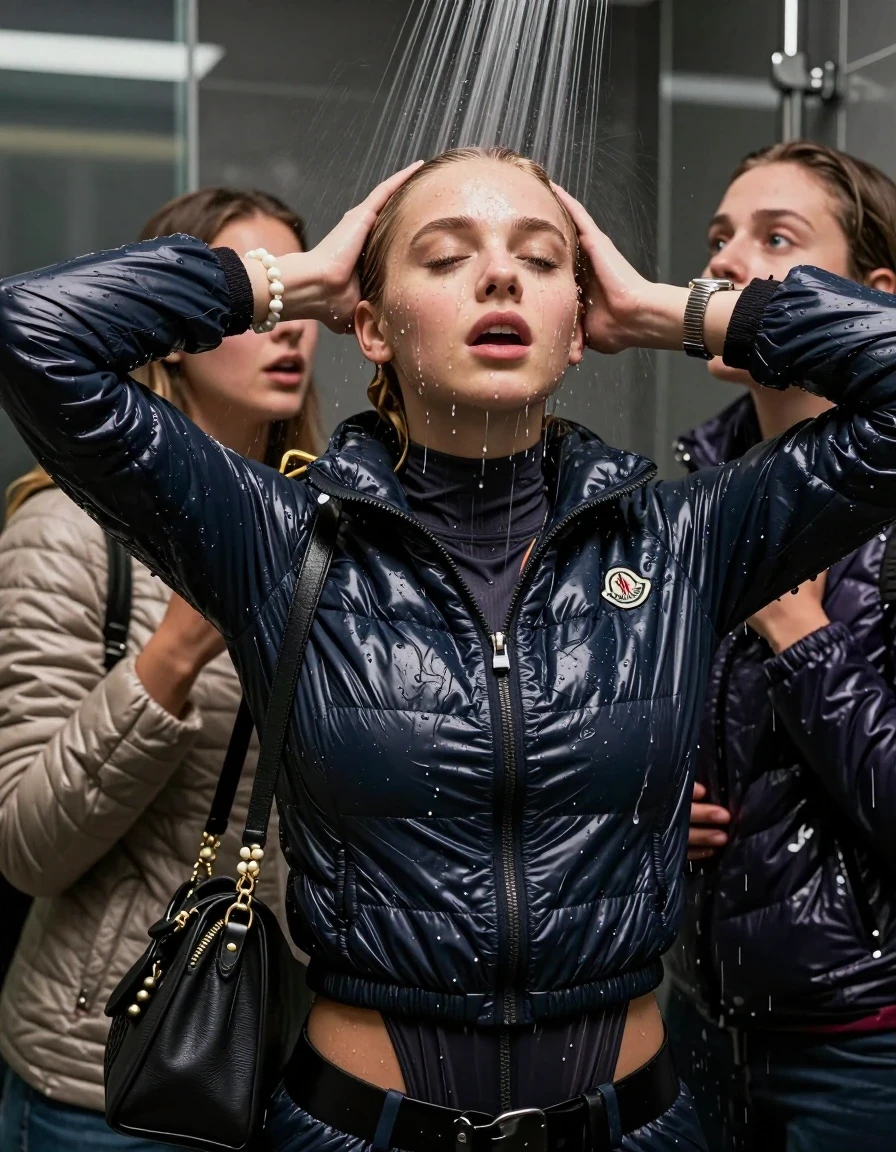 photo of young woman, in soaking wet, drenched clothes,
, , Moncler shiny puffer down jacket, tight turtleneck sweater belly free, shoulderbag, pearl necklace, bracelet, wristwatch, Under the shower, strong jet of water, modern mirrored bathroom, 
enjoying, wet clothes stuck to body,
detailed textures of the wet clothes, wet face, wet plastered hair,
wet, drenched, professional, high-quality details, full body view.
sharp focus, ultra-high pixel detail, realistic, high-quality, full colors, incredibly detailed, 4k, 8k, 16k, hyper-realistic, RAW photo, masterpiece, ultra-detailed, professionally color graded, professional photograph, Blonde Sleek bun

 15-years-old  teenage girl and her female  friends

Only head and shoulders are over the surface visible. Looking up . Open mouth, half closed eyes . Hold her hands on her forehad . hugs her friend. Water running down her face and neck.

The girls wear different clothes and down jackets.

she is completely underwater up to her neck, horny and astonished expression. 

her clothing is soaking wet and clinging tightly to her skin, showing heavy wet folds, darkened fabric texture, and deep water-saturated Patches, her clothes are heavy from the water, water runs from her body and her clothes in streams. A lot of water also runs out of her clothes. Her clothes are darkened by the water. Her submerged clothes are good visible under the water.  she soaked her handbag into the water.

close up view, wet skin, wet clothes, wet hair, damp fabric, water runs down the clothes, wet skin, wet clothes, damp fabric. cinematic medium shot, hyper-realistic wetness, high-contrast water sheen, sharp focus, 16k resolution, professional photography, realistic water physics., wet skin, wet clothes, damp fabric, wet skin, wet clothes, damp fabric, wet skin, wet clothes, damp fabric, wet skin, wet clothes, damp fabric, wet skin, wet clothes, damp fabric, wet skin, wet clothes, damp fabric, wet skin, wet clothes, damp fabric, wet skin, wet clothes, damp fabric, wet skin, wet clothes, damp fabric