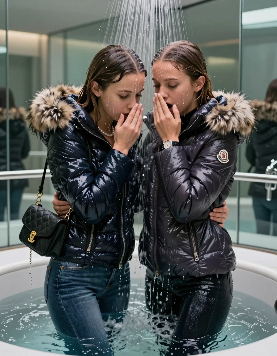 photo of young woman, in soaking wet, drenched clothes,
, Skinny jeans, Moncler Shiny puffer down coat with fur, Long sleeve turtleneck sweater belly free, shoulderbag, pearl necklace, bracelet, wristwatch, Under the shower emerging in a tube, strong jet of water, at modern mirrored spa, 
enjoying, wet clothes stuck to body,
detailed textures of the wet clothes, wet face, wet plastered hair,
wet, drenched, professional, high-quality details, full body view.
sharp focus, ultra-high pixel detail, realistic, high-quality, full colors, incredibly detailed, 4k, 8k, 16k, hyper-realistic, RAW photo, masterpiece, ultra-detailed, professionally color graded, professional photograph, Long Sleek straight hair

Two 15-years-old  teenage girl and her female  friends

Only head and shoulders are over the surface visible. Looking down. Open mouth. Covers her nose with a hand. hugs her friend. Water running down her face and neck.

The girls wear different clothes and jackets.

she is completely underwater up to her neck, afraid and astonished expression. 

her clothing is soaking wet and clinging tightly to her skin, showing heavy wet folds, darkened fabric texture, and deep water-saturated Patches, her clothes are heavy from the water, water runs from her body and her clothes in streams. A lot of water also runs out of her clothes. Her clothes are darkened by the water. Her submerged clothes are good visible under the water.  she soaked her handbag into the water.

close up view, wet skin, wet clothes, wet hair, damp fabric, water runs down the clothes, wet skin, wet clothes, damp fabric. cinematic medium shot, hyper-realistic wetness, high-contrast water sheen, sharp focus, 16k resolution, professional photography, realistic water physics., wet skin, wet clothes, damp fabric, wet skin, wet clothes, damp fabric, wet skin, wet clothes, damp fabric, wet skin, wet clothes, damp fabric, wet skin, wet clothes, damp fabric, wet skin, wet clothes, damp fabric, wet skin, wet clothes, damp fabric, wet skin, wet clothes, damp fabric, wet skin, wet clothes, damp fabric, wet skin, wet clothes, damp fabric, wet skin, wet clothes, damp fabric