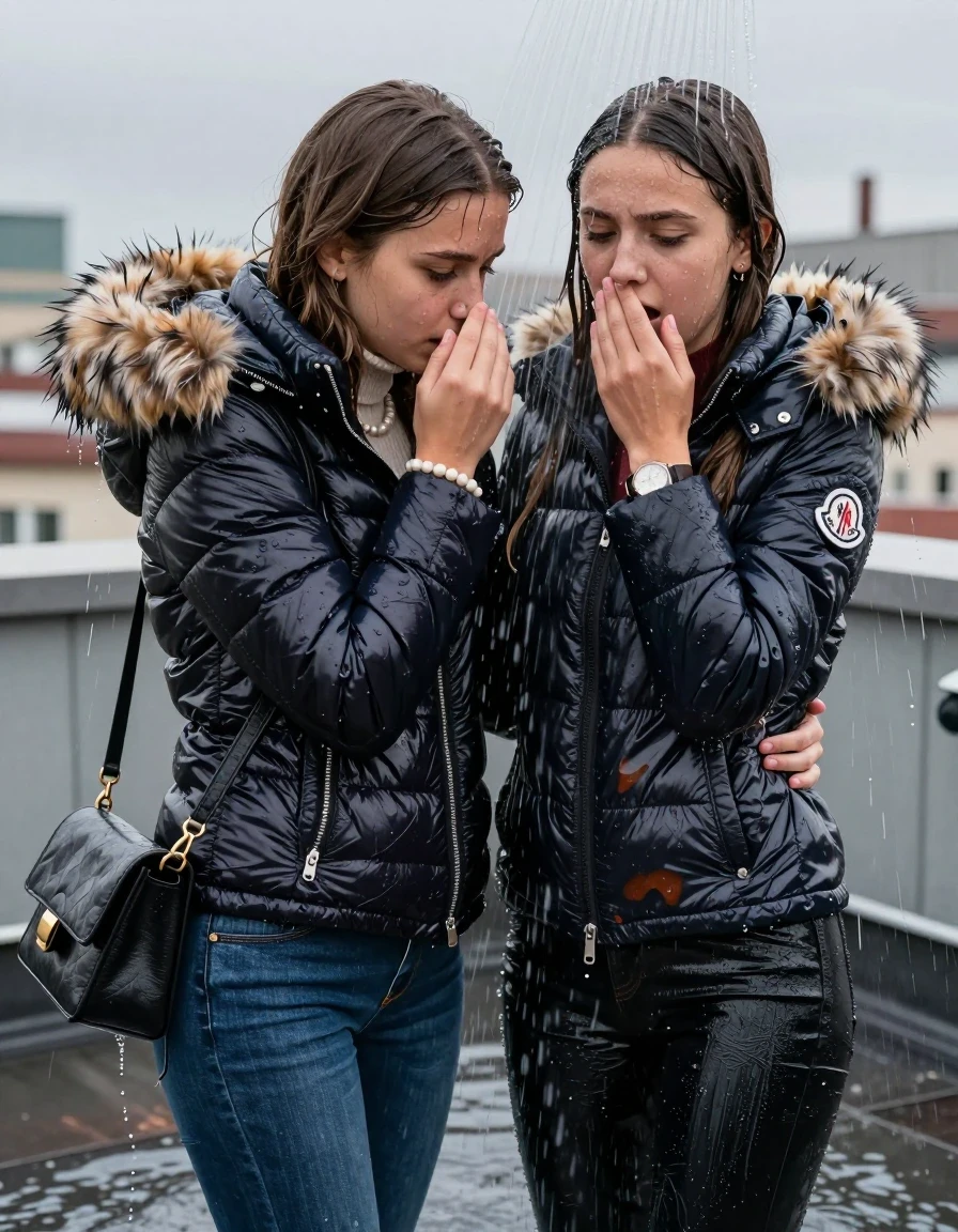 photo of young woman, in soaking wet, drenched clothes,
, Skinny jeans, Moncler Shiny puffer down Parka with fur, Long sleeve turtleneck sweater belly free, shoulderbag, pearl necklace, bracelet, wristwatch, Under the shower emerging in a tube, strong jet of water, at roof top appartement , 
enjoying, wet clothes stuck to body,
detailed textures of the wet clothes, wet face, wet plastered hair,
wet, drenched, professional, high-quality details, full body view.
sharp focus, ultra-high pixel detail, realistic, high-quality, full colors, incredibly detailed, 4k, 8k, 16k, hyper-realistic, RAW photo, masterpiece, ultra-detailed, professionally color graded, professional photograph, Long Sleek straight hair

Two 15-years-old  teenage girl and her female  friends

Only head and shoulders are over the surface visible. Looking down. Open mouth . Covers her nose with a hand. hugs her friend. Water running down her face and neck.

The girls wear different clothes and jackets.

she is completely underwater up to her neck, afraid and astonished expression. 

her clothing is soaking wet and clinging tightly to her skin, showing heavy wet folds, darkened fabric texture, and deep water-saturated Patches, her clothes are heavy from the water, water runs from her body and her clothes in streams. A lot of water also runs out of her clothes. Her clothes are darkened by the water. Her submerged clothes are good visible under the water.  she soaked her handbag into the water.

close up view, wet skin, wet clothes, wet hair, damp fabric, water runs down the clothes, wet skin, wet clothes, damp fabric. cinematic medium shot, hyper-realistic wetness, high-contrast water sheen, sharp focus, 16k resolution, professional photography, realistic water physics., wet skin, wet clothes, damp fabric, wet skin, wet clothes, damp fabric, wet skin, wet clothes, damp fabric, wet skin, wet clothes, damp fabric, wet skin, wet clothes, damp fabric, wet skin, wet clothes, damp fabric, wet skin, wet clothes, damp fabric, wet skin, wet clothes, damp fabric, wet skin, wet clothes, damp fabric, wet skin, wet clothes, damp fabric