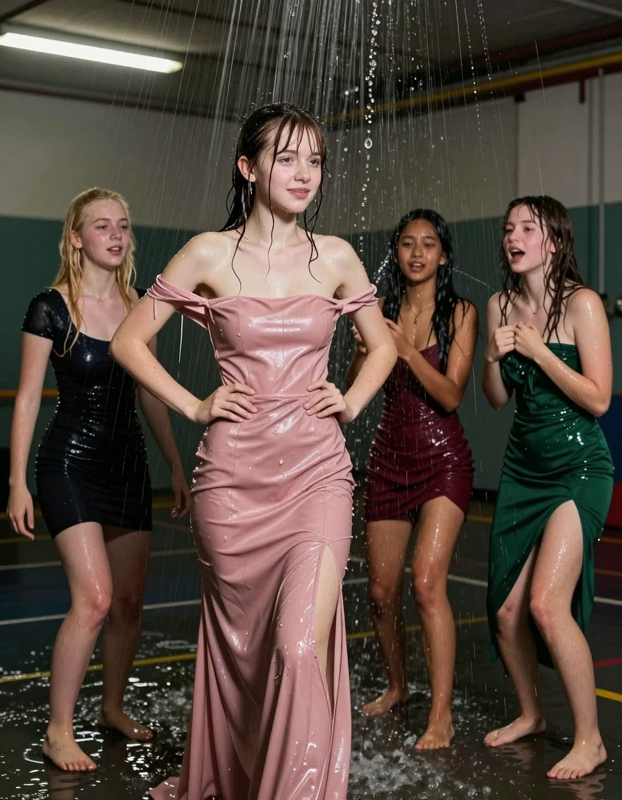 photo of young woman, in soaking wet, drenched clothes,
, , dress, 4 college girls playing after an event in a dark flooded and abandoned gym with all its lights off when it started pouring water from the ceiling on them, they are all dirty and covered in muck, 
enjoying, wet clothes stuck to body,
detailed textures of the wet clothes, wet face, wet plastered hair,
wet, drenched, professional, high-quality details, full body view.
sharp focus, ultra-high pixel detail, realistic, high-quality, full colors, incredibly detailed, 4k, 8k, 16k, hyper-realistic, RAW photo, masterpiece, ultra-detailed, professionally color graded, professional photograph, college girls both having fun together, as they play in the water their dresses begin to fall off leaving them half naked. All a similar age, a small nineteen year old girl, with a flat and slim body, skinny body, flat and skinny chest, a She has a wide square young face but a small very skinny waist and skinny legs, a very small chest and very small breasts, she is a pale brunette with ponytail and bangs, She has a small body, She is full of youthful energy. wearing a pink formal satin cocktail dress with a straight neckline with broken shoulder dress straps falling off her shoulder, her right dress strap has fallen off her shoulder and down her arm, she has her hands on her hips and her broke dress falls around her arms exposing her naked breasts. Her friend has blonde hair and is quite skinny, ,a wide square face, she is wearing a fit black short sleeve coctail dress. The third girl is 19, with a tan complexion and dark black hair, she is wearing a maroon mini dress, The 4th girl is brunette with a small body and thin legs, she is wearing a green strapless prom dress and is struggling to keep the top pulled up under all the water, all of them except the blonde girl have very small breasts. wet skin, wet clothes, damp fabric,, wet skin, wet clothes, damp fabric, wet skin, wet clothes, damp fabric, wet skin, wet clothes, damp fabric, wet skin, wet clothes, damp fabric, wet skin, wet clothes, damp fabric, wet skin, wet clothes, damp fabric, wet skin, wet clothes, damp fabric, wet skin, wet clothes, damp fabric, wet skin, wet clothes, damp fabric, wet skin, wet clothes, damp fabric