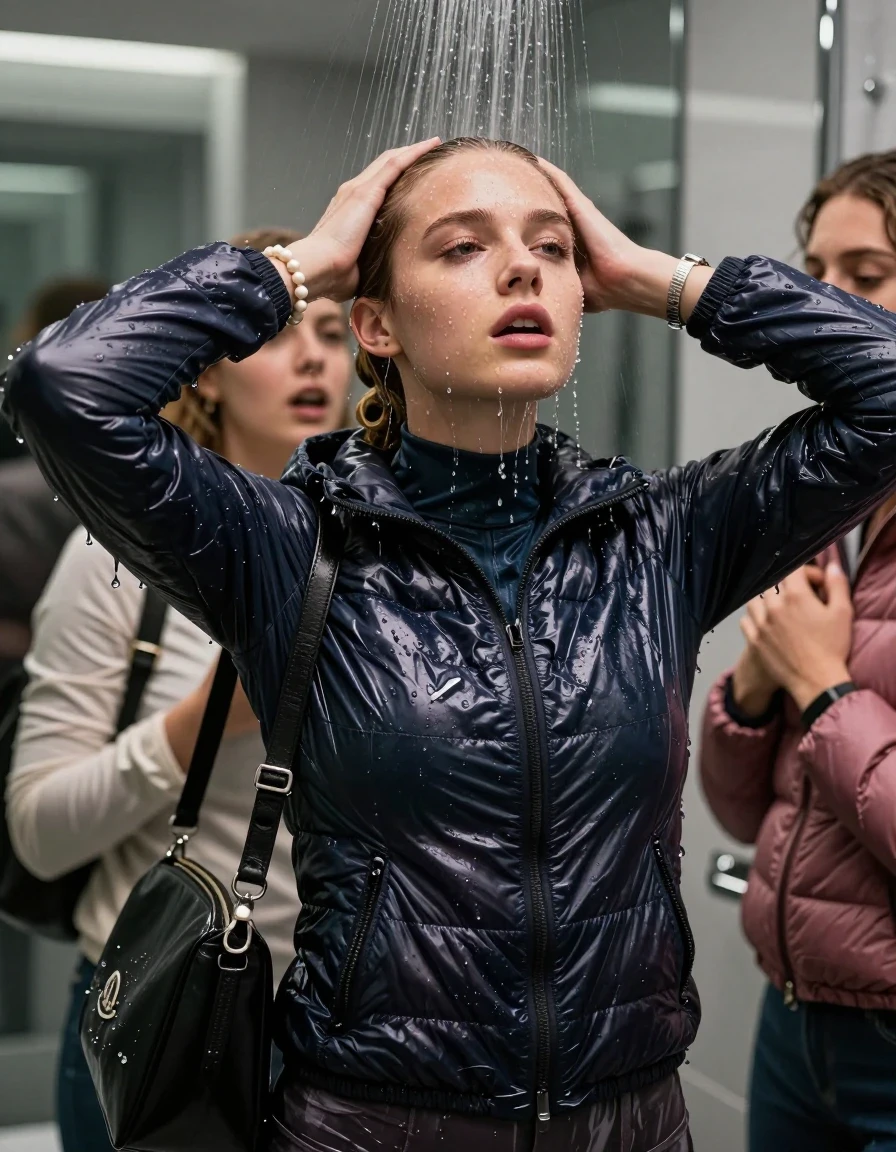 photo of young woman, in soaking wet, drenched clothes,
, , Moncler shiny puffer down jacket, tight turtleneck sweater belly free, shoulderbag, pearl necklace, bracelet, wristwatch, Under the shower, strong jet of water, modern mirrored bathroom, 
enjoying, wet clothes stuck to body,
detailed textures of the wet clothes, wet face, wet plastered hair,
wet, drenched, professional, high-quality details, full body view.
sharp focus, ultra-high pixel detail, realistic, high-quality, full colors, incredibly detailed, 4k, 8k, 16k, hyper-realistic, RAW photo, masterpiece, ultra-detailed, professionally color graded, professional photograph, Blonde Sleek bun

 15-years-old  teenage girl and her female  friends

Only head and shoulders are over the surface visible. Looking up . Open mouth, half closed eyes . Hold her hands on her forehad . hugs her friend. Water running down her face and neck.

The girls wear different clothes and down jackets.

she is completely underwater up to her neck, horny and astonished expression. 

her clothing is soaking wet and clinging tightly to her skin, showing heavy wet folds, darkened fabric texture, and deep water-saturated Patches, her clothes are heavy from the water, water runs from her body and her clothes in streams. A lot of water also runs out of her clothes. Her clothes are darkened by the water. Her submerged clothes are good visible under the water.  she soaked her handbag into the water.

close up view, wet skin, wet clothes, wet hair, damp fabric, water runs down the clothes, wet skin, wet clothes, damp fabric. cinematic medium shot, hyper-realistic wetness, high-contrast water sheen, sharp focus, 16k resolution, professional photography, realistic water physics., wet skin, wet clothes, damp fabric, wet skin, wet clothes, damp fabric, wet skin, wet clothes, damp fabric, wet skin, wet clothes, damp fabric, wet skin, wet clothes, damp fabric, wet skin, wet clothes, damp fabric, wet skin, wet clothes, damp fabric, wet skin, wet clothes, damp fabric, wet skin, wet clothes, damp fabric