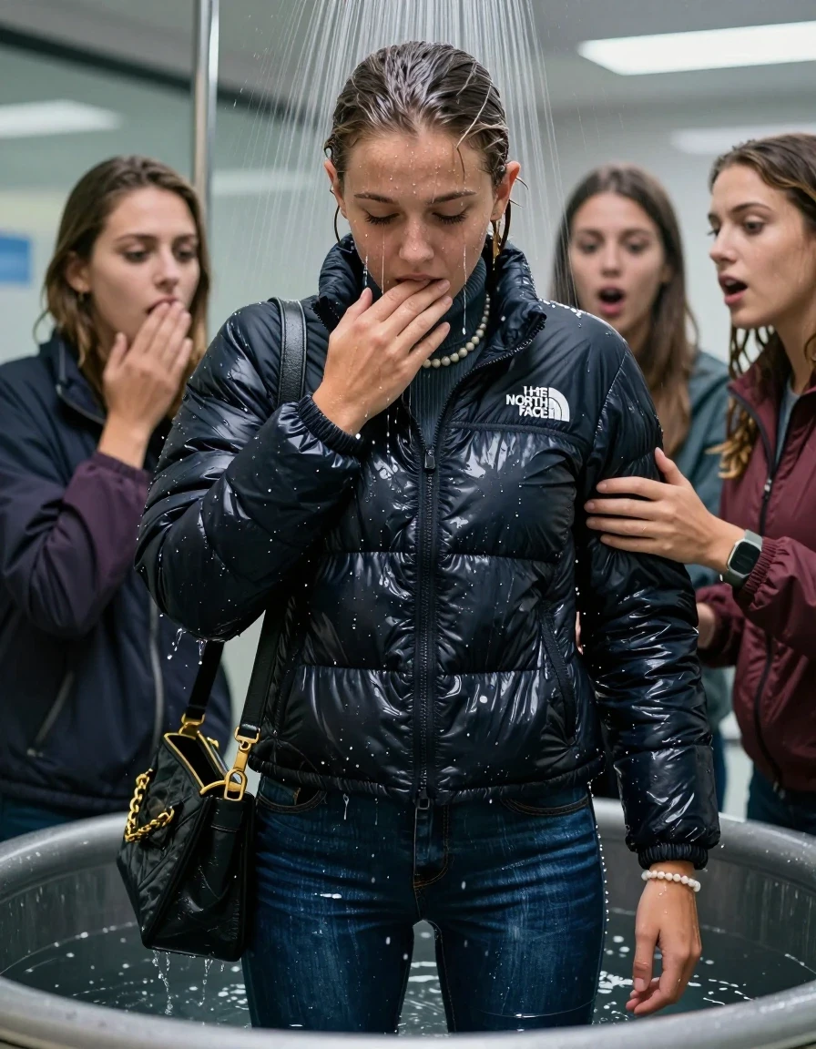 photo of young woman, in soaking wet, drenched clothes,
, Skinny jeans, North face puffer down jacket, tight turtleneck sweater belly free, shoulderbag, pearl necklace, bracelet, wristwatch, Under the shower standing in a tube, strong jet of water, at office , 
enjoying, wet clothes stuck to body,
detailed textures of the wet clothes, wet face, wet plastered hair,
wet, drenched, professional, high-quality details, full body view.
sharp focus, ultra-high pixel detail, realistic, high-quality, full colors, incredibly detailed, 4k, 8k, 16k, hyper-realistic, RAW photo, masterpiece, ultra-detailed, professionally color graded, professional photograph, Brunette Sleek bun

 15-years-old  teenage girl and her female  friends

Only head and shoulders are over the surface visible. Looking down. Open mouth, big eyes . Hold her hand on her mouth. hugs her friend. Water running down her face and neck.

The girls wear different clothes and jackets.

she is completely underwater up to her neck, horny and astonished expression. 

her clothing is soaking wet and clinging tightly to her skin, showing heavy wet folds, darkened fabric texture, and deep water-saturated Patches, her clothes are heavy from the water, water runs from her body and her clothes in streams. A lot of water also runs out of her clothes. Her clothes are darkened by the water. Her submerged clothes are good visible under the water.  she soaked her handbag into the water.

close up view, wet skin, wet clothes, wet hair, damp fabric, water runs down the clothes, wet skin, wet clothes, damp fabric. cinematic medium shot, hyper-realistic wetness, high-contrast water sheen, sharp focus, 16k resolution, professional photography, realistic water physics., wet skin, wet clothes, damp fabric, wet skin, wet clothes, damp fabric, wet skin, wet clothes, damp fabric, wet skin, wet clothes, damp fabric, wet skin, wet clothes, damp fabric, wet skin, wet clothes, damp fabric, wet skin, wet clothes, damp fabric, wet skin, wet clothes, damp fabric, wet skin, wet clothes, damp fabric