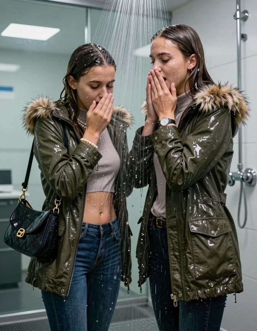photo of young woman, in soaking wet, drenched clothes,
, Skinny jeans, Green Parka with fur, Long sleeve turtleneck sweater belly free, shoulderbag, pearl necklace, bracelet, wristwatch, Under the shower emerging in a large tube, strong jet of water, at office , 
enjoying, wet clothes stuck to body,
detailed textures of the wet clothes, wet face, wet plastered hair,
wet, drenched, professional, high-quality details, full body view.
sharp focus, ultra-high pixel detail, realistic, high-quality, full colors, incredibly detailed, 4k, 8k, 16k, hyper-realistic, RAW photo, masterpiece, ultra-detailed, professionally color graded, professional photograph, Long Sleek straight hair

Two 15-years-old  teenage girl and her female  friends

Only head and shoulders are over the surface visible. Looking down. Open mouth . Covers her nose with a hand. hugs her friend. Water running down her face and neck.

The girls wear different clothes and jackets.

she is completely underwater up to her neck, afraid and astonished expression. 

her clothing is soaking wet and clinging tightly to her skin, showing heavy wet folds, darkened fabric texture, and deep water-saturated Patches, her clothes are heavy from the water, water runs from her body and her clothes in streams. A lot of water also runs out of her clothes. Her clothes are darkened by the water. Her submerged clothes are good visible under the water.  she soaked her handbag into the water.

close up view, wet skin, wet clothes, wet hair, damp fabric, water runs down the clothes, wet skin, wet clothes, damp fabric. cinematic medium shot, hyper-realistic wetness, high-contrast water sheen, sharp focus, 16k resolution, professional photography, realistic water physics., wet skin, wet clothes, damp fabric, wet skin, wet clothes, damp fabric, wet skin, wet clothes, damp fabric, wet skin, wet clothes, damp fabric, wet skin, wet clothes, damp fabric, wet skin, wet clothes, damp fabric, wet skin, wet clothes, damp fabric, wet skin, wet clothes, damp fabric, wet skin, wet clothes, damp fabric, wet skin, wet clothes, damp fabric