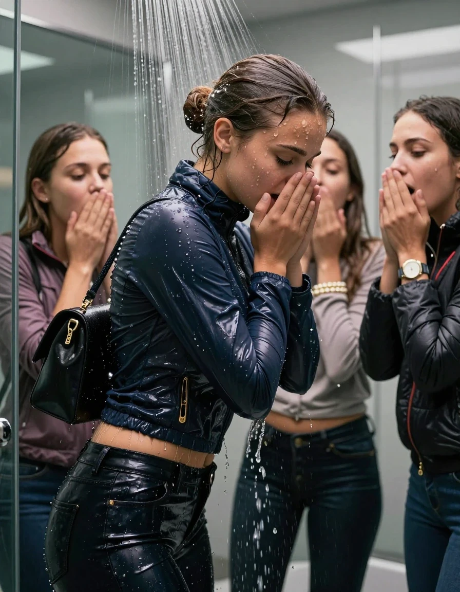 photo of young woman, in soaking wet, drenched clothes,
, Skinny jeans, Moncler shiny puffer down jacket, tight turtleneck sweater belly free, shoulderbag, pearl necklace, bracelet, wristwatch, Under the shower, strong jet of water, modern mirrored bathroom, 
enjoying, wet clothes stuck to body,
detailed textures of the wet clothes, wet face, wet plastered hair,
wet, drenched, professional, high-quality details, full body view.
sharp focus, ultra-high pixel detail, realistic, high-quality, full colors, incredibly detailed, 4k, 8k, 16k, hyper-realistic, RAW photo, masterpiece, ultra-detailed, professionally color graded, professional photograph, Brunette Sleek bun

 15-years-old  teenage girl and her female  friends

Only head and shoulders are over the surface visible. Looking down. Open mouth, half closed eyes . Hold her hands on her mouth and nose . hugs her friend. Water running down her face and neck.

The girls wear different clothes and down jackets.

she is completely underwater up to her neck, horny and astonished expression. 

her clothing is soaking wet and clinging tightly to her skin, showing heavy wet folds, darkened fabric texture, and deep water-saturated Patches, her clothes are heavy from the water, water runs from her body and her clothes in streams. A lot of water also runs out of her clothes. Her clothes are darkened by the water. Her submerged clothes are good visible under the water.  she soaked her handbag into the water.

close up view, wet skin, wet clothes, wet hair, damp fabric, water runs down the clothes, wet skin, wet clothes, damp fabric. cinematic medium shot, hyper-realistic wetness, high-contrast water sheen, sharp focus, 16k resolution, professional photography, realistic water physics., wet skin, wet clothes, damp fabric, wet skin, wet clothes, damp fabric, wet skin, wet clothes, damp fabric, wet skin, wet clothes, damp fabric, wet skin, wet clothes, damp fabric, wet skin, wet clothes, damp fabric, wet skin, wet clothes, damp fabric, wet skin, wet clothes, damp fabric, wet skin, wet clothes, damp fabric
