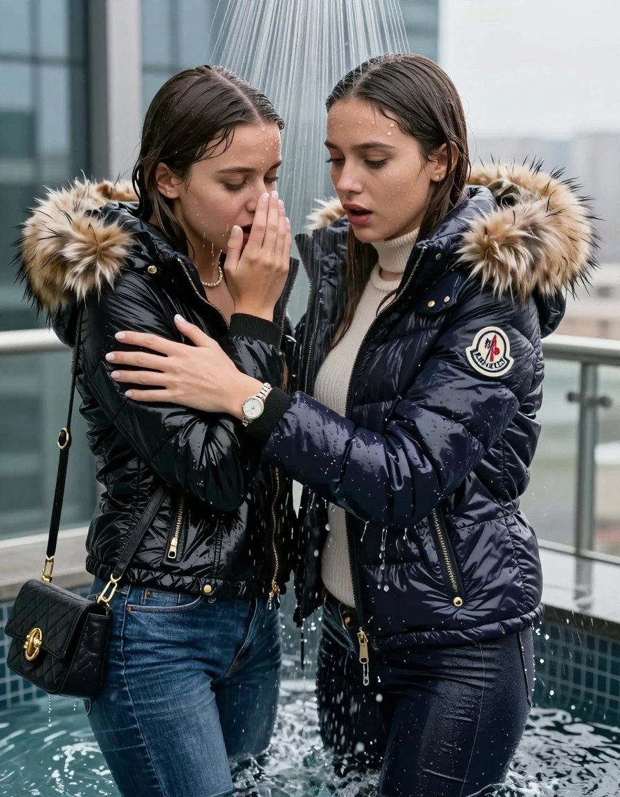 photo of young woman, in soaking wet, drenched clothes,
, Skinny jeans, Moncler Shiny puffer down Parka with fur, Long sleeve turtleneck sweater belly free, shoulderbag, pearl necklace, bracelet, wristwatch, Under the shower emerging in a tube, strong jet of water, at Penthouse , 
enjoying, wet clothes stuck to body,
detailed textures of the wet clothes, wet face, wet plastered hair,
wet, drenched, professional, high-quality details, full body view.
sharp focus, ultra-high pixel detail, realistic, high-quality, full colors, incredibly detailed, 4k, 8k, 16k, hyper-realistic, RAW photo, masterpiece, ultra-detailed, professionally color graded, professional photograph, Long Sleek straight hair

Two 15-years-old  teenage girl and her female  friends

Only head and shoulders are over the surface visible. Looking down. Open mouth . Covers her nose with a hand. hugs her friend. Water running down her face and neck.

The girls wear different clothes and jackets.

she is completely underwater up to her neck, afraid and astonished expression. 

her clothing is soaking wet and clinging tightly to her skin, showing heavy wet folds, darkened fabric texture, and deep water-saturated Patches, her clothes are heavy from the water, water runs from her body and her clothes in streams. A lot of water also runs out of her clothes. Her clothes are darkened by the water. Her submerged clothes are good visible under the water.  she soaked her handbag into the water.

close up view, wet skin, wet clothes, wet hair, damp fabric, water runs down the clothes, wet skin, wet clothes, damp fabric. cinematic medium shot, hyper-realistic wetness, high-contrast water sheen, sharp focus, 16k resolution, professional photography, realistic water physics., wet skin, wet clothes, damp fabric, wet skin, wet clothes, damp fabric, wet skin, wet clothes, damp fabric, wet skin, wet clothes, damp fabric, wet skin, wet clothes, damp fabric, wet skin, wet clothes, damp fabric, wet skin, wet clothes, damp fabric, wet skin, wet clothes, damp fabric, wet skin, wet clothes, damp fabric, wet skin, wet clothes, damp fabric, wet skin, wet clothes, damp fabric