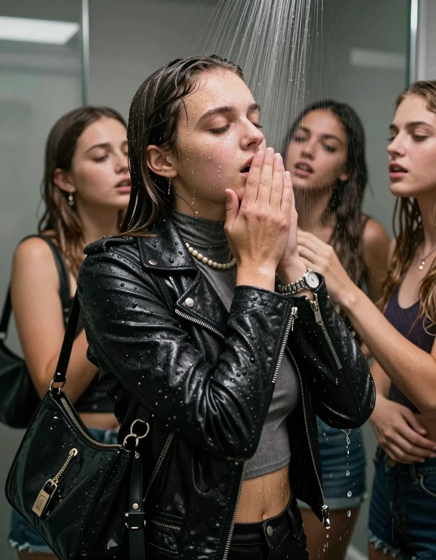 photo of young woman, in soaking wet, drenched clothes,
, , Biker leatherjacket, tight turtleneck sweater belly free, shoulderbag, pearl necklace, bracelet, wristwatch, Intense Orgasm Under the shower, strong jet of water, modern mirrored bathroom, 
enjoying, wet clothes stuck to body,
detailed textures of the wet clothes, wet face, wet plastered hair,
wet, drenched, professional, high-quality details, full body view.
sharp focus, ultra-high pixel detail, realistic, high-quality, full colors, incredibly detailed, 4k, 8k, 16k, hyper-realistic, RAW photo, masterpiece, ultra-detailed, professionally color graded, professional photograph, Sleek long straight hair

 21 years old  school girl and her female  friends

Only head and shoulders are over the surface visible. Looking slightly away. Open mouth, closed eyes . Arms on her hipp. Her mouth is covered by her friends Hand. hugs her friend. Water running down her face and neck.

The girls wear different clothes.

she is completely underwater up to her neck, horny and painful expression. 

her clothing is soaking wet and clinging tightly to her skin, showing heavy wet folds, darkened fabric texture, and deep water-saturated Patches, her clothes are heavy from the water, water runs from her body and her clothes in streams. A lot of water also runs out of her clothes. Her clothes are darkened by the water. Her submerged clothes are good visible under the water.  she soaked her handbag into the water.

close up view, wet skin, wet clothes, wet hair, damp fabric, water runs down the clothes, wet skin, wet clothes, damp fabric. cinematic medium shot, hyper-realistic wetness, high-contrast water sheen, sharp focus, 16k resolution, professional photography, realistic water physics., wet skin, wet clothes, damp fabric, wet skin, wet clothes, damp fabric, wet skin, wet clothes, damp fabric, wet skin, wet clothes, damp fabric, wet skin, wet clothes, damp fabric, wet skin, wet clothes, damp fabric, wet skin, wet clothes, damp fabric, wet skin, wet clothes, damp fabric, wet skin, wet clothes, damp fabric