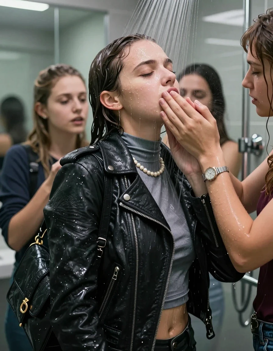 photo of young woman, in soaking wet, drenched clothes,
, , Biker leatherjacket, tight turtleneck sweater belly free, shoulderbag, pearl necklace, bracelet, wristwatch, Intense Orgasm Under the shower, strong jet of water, modern mirrored bathroom, 
enjoying, wet clothes stuck to body,
detailed textures of the wet clothes, wet face, wet plastered hair,
wet, drenched, professional, high-quality details, full body view.
sharp focus, ultra-high pixel detail, realistic, high-quality, full colors, incredibly detailed, 4k, 8k, 16k, hyper-realistic, RAW photo, masterpiece, ultra-detailed, professionally color graded, professional photograph, Sleek long  ponytail with bangs

 21 years old  school girl and her female  friends

Only head and shoulders are over the surface visible. Looking slightly away. Open mouth, closed eyes . Her mouth is covered by her friends Hand. hugs her friend. Water running down her face and neck.

The girls wear different clothes.

she is completely underwater up to her neck, horny and painful expression. 

her clothing is soaking wet and clinging tightly to her skin, showing heavy wet folds, darkened fabric texture, and deep water-saturated Patches, her clothes are heavy from the water, water runs from her body and her clothes in streams. A lot of water also runs out of her clothes. Her clothes are darkened by the water. Her submerged clothes are good visible under the water.  she soaked her handbag into the water.

close up view, wet skin, wet clothes, wet hair, damp fabric, water runs down the clothes, wet skin, wet clothes, damp fabric. cinematic medium shot, hyper-realistic wetness, high-contrast water sheen, sharp focus, 16k resolution, professional photography, realistic water physics., wet skin, wet clothes, damp fabric, wet skin, wet clothes, damp fabric, wet skin, wet clothes, damp fabric, wet skin, wet clothes, damp fabric, wet skin, wet clothes, damp fabric, wet skin, wet clothes, damp fabric, wet skin, wet clothes, damp fabric, wet skin, wet clothes, damp fabric, wet skin, wet clothes, damp fabric