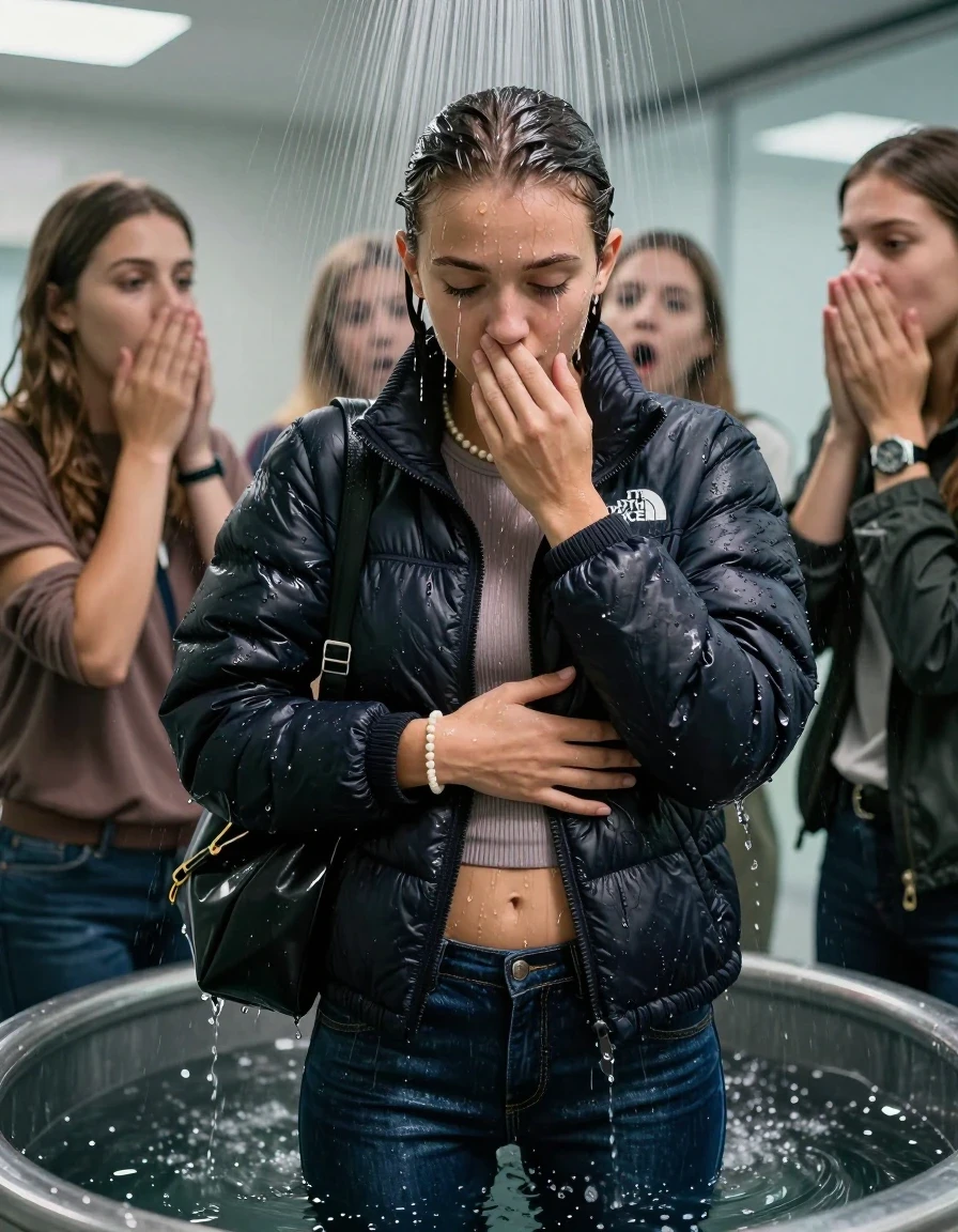 photo of young woman, in soaking wet, drenched clothes,
, Skinny jeans, North face puffer down jacket, tight turtleneck sweater belly free, shoulderbag, pearl necklace, bracelet, wristwatch, Under the shower standing in a tube, strong jet of water, at office , 
enjoying, wet clothes stuck to body,
detailed textures of the wet clothes, wet face, wet plastered hair,
wet, drenched, professional, high-quality details, full body view.
sharp focus, ultra-high pixel detail, realistic, high-quality, full colors, incredibly detailed, 4k, 8k, 16k, hyper-realistic, RAW photo, masterpiece, ultra-detailed, professionally color graded, professional photograph, Brunette Sleek bun

 15-years-old  teenage girl and her female  friends

Only head and shoulders are over the surface visible. Looking down. Open mouth, big eyes . Covers her nose with a hand. hugs her friend. Water running down her face and neck.

The girls wear different clothes and jackets.

she is completely underwater up to her neck, horny and astonished expression. 

her clothing is soaking wet and clinging tightly to her skin, showing heavy wet folds, darkened fabric texture, and deep water-saturated Patches, her clothes are heavy from the water, water runs from her body and her clothes in streams. A lot of water also runs out of her clothes. Her clothes are darkened by the water. Her submerged clothes are good visible under the water.  she soaked her handbag into the water.

close up view, wet skin, wet clothes, wet hair, damp fabric, water runs down the clothes, wet skin, wet clothes, damp fabric. cinematic medium shot, hyper-realistic wetness, high-contrast water sheen, sharp focus, 16k resolution, professional photography, realistic water physics., wet skin, wet clothes, damp fabric, wet skin, wet clothes, damp fabric, wet skin, wet clothes, damp fabric, wet skin, wet clothes, damp fabric, wet skin, wet clothes, damp fabric, wet skin, wet clothes, damp fabric, wet skin, wet clothes, damp fabric, wet skin, wet clothes, damp fabric, wet skin, wet clothes, damp fabric