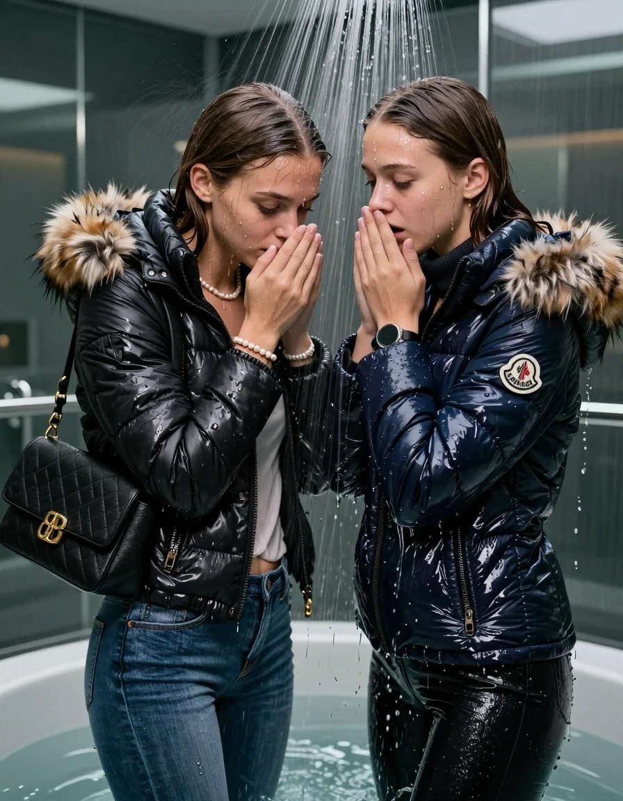 photo of young woman, in soaking wet, drenched clothes,
, Skinny jeans, Moncler Shiny puffer down coat with fur, Long sleeve turtleneck sweater belly free, shoulderbag, pearl necklace, bracelet, wristwatch, Under the shower emerging in a tube, strong jet of water, at modern mirrored spa, 
enjoying, wet clothes stuck to body,
detailed textures of the wet clothes, wet face, wet plastered hair,
wet, drenched, professional, high-quality details, full body view.
sharp focus, ultra-high pixel detail, realistic, high-quality, full colors, incredibly detailed, 4k, 8k, 16k, hyper-realistic, RAW photo, masterpiece, ultra-detailed, professionally color graded, professional photograph, Long Sleek straight hair

Two 15-years-old  teenage girl and her female  friends

Only head and shoulders are over the surface visible. Looking down. Open mouth. Covers her nose with a hand. hugs her friend. Water running down her face and neck.

The girls wear different clothes and jackets.

she is completely underwater up to her neck, afraid and astonished expression. 

her clothing is soaking wet and clinging tightly to her skin, showing heavy wet folds, darkened fabric texture, and deep water-saturated Patches, her clothes are heavy from the water, water runs from her body and her clothes in streams. A lot of water also runs out of her clothes. Her clothes are darkened by the water. Her submerged clothes are good visible under the water.  she soaked her handbag into the water.

close up view, wet skin, wet clothes, wet hair, damp fabric, water runs down the clothes, wet skin, wet clothes, damp fabric. cinematic medium shot, hyper-realistic wetness, high-contrast water sheen, sharp focus, 16k resolution, professional photography, realistic water physics., wet skin, wet clothes, damp fabric, wet skin, wet clothes, damp fabric, wet skin, wet clothes, damp fabric, wet skin, wet clothes, damp fabric, wet skin, wet clothes, damp fabric, wet skin, wet clothes, damp fabric, wet skin, wet clothes, damp fabric, wet skin, wet clothes, damp fabric, wet skin, wet clothes, damp fabric, wet skin, wet clothes, damp fabric, wet skin, wet clothes, damp fabric