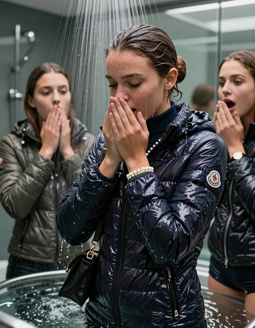 photo of young woman, in soaking wet, drenched clothes,
, , Moncler shiny puffer down jacket, tight turtleneck sweater belly free, shoulderbag, pearl necklace, bracelet, wristwatch, Under the shower, strong jet of water, modern mirrored bathroom, 
enjoying, wet clothes stuck to body,
detailed textures of the wet clothes, wet face, wet plastered hair,
wet, drenched, professional, high-quality details, full body view.
sharp focus, ultra-high pixel detail, realistic, high-quality, full colors, incredibly detailed, 4k, 8k, 16k, hyper-realistic, RAW photo, masterpiece, ultra-detailed, professionally color graded, professional photograph, Brunette Sleek bun

 15-years-old  teenage girl and her female  friends

Only head and shoulders are over the surface visible. Looking down. Open mouth, half closed eyes . Hold her hands on her mouth and nose . hugs her friend. Water running down her face and neck.

The girls wear different clothes and down jackets.

she is completely underwater up to her neck, horny and astonished expression. 

her clothing is soaking wet and clinging tightly to her skin, showing heavy wet folds, darkened fabric texture, and deep water-saturated Patches, her clothes are heavy from the water, water runs from her body and her clothes in streams. A lot of water also runs out of her clothes. Her clothes are darkened by the water. Her submerged clothes are good visible under the water.  she soaked her handbag into the water.

close up view, wet skin, wet clothes, wet hair, damp fabric, water runs down the clothes, wet skin, wet clothes, damp fabric. cinematic medium shot, hyper-realistic wetness, high-contrast water sheen, sharp focus, 16k resolution, professional photography, realistic water physics., wet skin, wet clothes, damp fabric, wet skin, wet clothes, damp fabric, wet skin, wet clothes, damp fabric, wet skin, wet clothes, damp fabric, wet skin, wet clothes, damp fabric, wet skin, wet clothes, damp fabric, wet skin, wet clothes, damp fabric, wet skin, wet clothes, damp fabric, wet skin, wet clothes, damp fabric