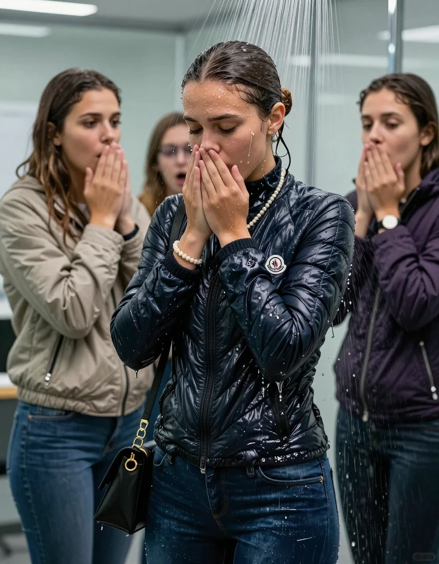 photo of young woman, in soaking wet, drenched clothes,
, Skinny jeans, Moncler shiny puffer down jacket, tight turtleneck sweater belly free, shoulderbag, pearl necklace, bracelet, wristwatch, Under the shower, strong jet of water, at office , 
enjoying, wet clothes stuck to body,
detailed textures of the wet clothes, wet face, wet plastered hair,
wet, drenched, professional, high-quality details, full body view.
sharp focus, ultra-high pixel detail, realistic, high-quality, full colors, incredibly detailed, 4k, 8k, 16k, hyper-realistic, RAW photo, masterpiece, ultra-detailed, professionally color graded, professional photograph, Brunette Sleek bun

 15-years-old  teenage girl and her female  friends

Only head and shoulders are over the surface visible. Looking down. Open mouth, half closed eyes . Hold her hands on her mouth and nose . hugs her friend. Water running down her face and neck.

The girls wear different clothes and down jackets.

she is completely underwater up to her neck, horny and astonished expression. 

her clothing is soaking wet and clinging tightly to her skin, showing heavy wet folds, darkened fabric texture, and deep water-saturated Patches, her clothes are heavy from the water, water runs from her body and her clothes in streams. A lot of water also runs out of her clothes. Her clothes are darkened by the water. Her submerged clothes are good visible under the water.  she soaked her handbag into the water.

close up view, wet skin, wet clothes, wet hair, damp fabric, water runs down the clothes, wet skin, wet clothes, damp fabric. cinematic medium shot, hyper-realistic wetness, high-contrast water sheen, sharp focus, 16k resolution, professional photography, realistic water physics., wet skin, wet clothes, damp fabric, wet skin, wet clothes, damp fabric, wet skin, wet clothes, damp fabric, wet skin, wet clothes, damp fabric, wet skin, wet clothes, damp fabric, wet skin, wet clothes, damp fabric, wet skin, wet clothes, damp fabric, wet skin, wet clothes, damp fabric, wet skin, wet clothes, damp fabric