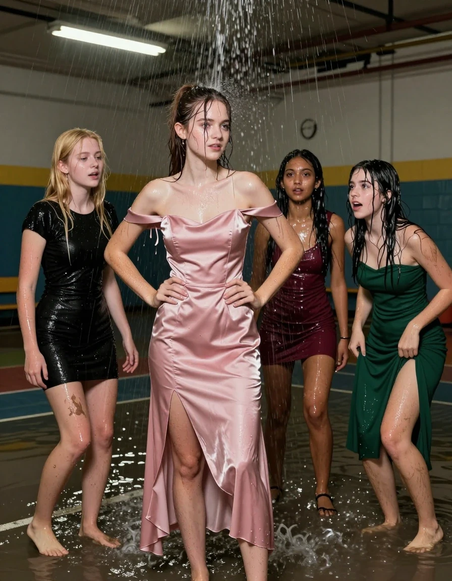 photo of young woman, in soaking wet, drenched clothes,
, , dress, 4 college girls playing after homecoming on a dark flooded and abandoned gym with all its lights when it started pouring water from the ceiling on them, they are all dirty and covered in muck, 
enjoying, wet clothes stuck to body,
detailed textures of the wet clothes, wet face, wet plastered hair,
wet, drenched, professional, high-quality details, full body view.
sharp focus, ultra-high pixel detail, realistic, high-quality, full colors, incredibly detailed, 4k, 8k, 16k, hyper-realistic, RAW photo, masterpiece, ultra-detailed, professionally color graded, professional photograph, college girls both having fun together. All a similar age, a nineteen year old girl, with a flat and slim body, skinny body, flat and skinny chest, a She has a wide square young face but a small very skinny waist and skinny legs, a very small chest and very small breasts, she is a pale brunette with ponytail and bangs, She has a small body, She is full of youthful energy. wearing a pink formal satin cocktail dress with a straight neckline with broken shoulder dress straps falling off her shoulder, her right dress strap has fallen off her shoulder and down her arm, she has her hands on her hips,. Her friend has blonde hair and is quite skinny, ,a wide square face, she is wearing a fit black short sleeve coctail dress. The third girl is 19, with a tan complexion and dark black hair, she is wearing a maroon mini dress, The 4th girl is brunette with a small body and thin legs, she is wearing a green strapless prom dress and is struggling to keep it pulled up under all the water, all of them except the blonde girl have very small breasts. wet skin, wet clothes, damp fabric,, wet skin, wet clothes, damp fabric, wet skin, wet clothes, damp fabric, wet skin, wet clothes, damp fabric, wet skin, wet clothes, damp fabric, wet skin, wet clothes, damp fabric, wet skin, wet clothes, damp fabric, wet skin, wet clothes, damp fabric, wet skin, wet clothes, damp fabric, wet skin, wet clothes, damp fabric, wet skin, wet clothes, damp fabric