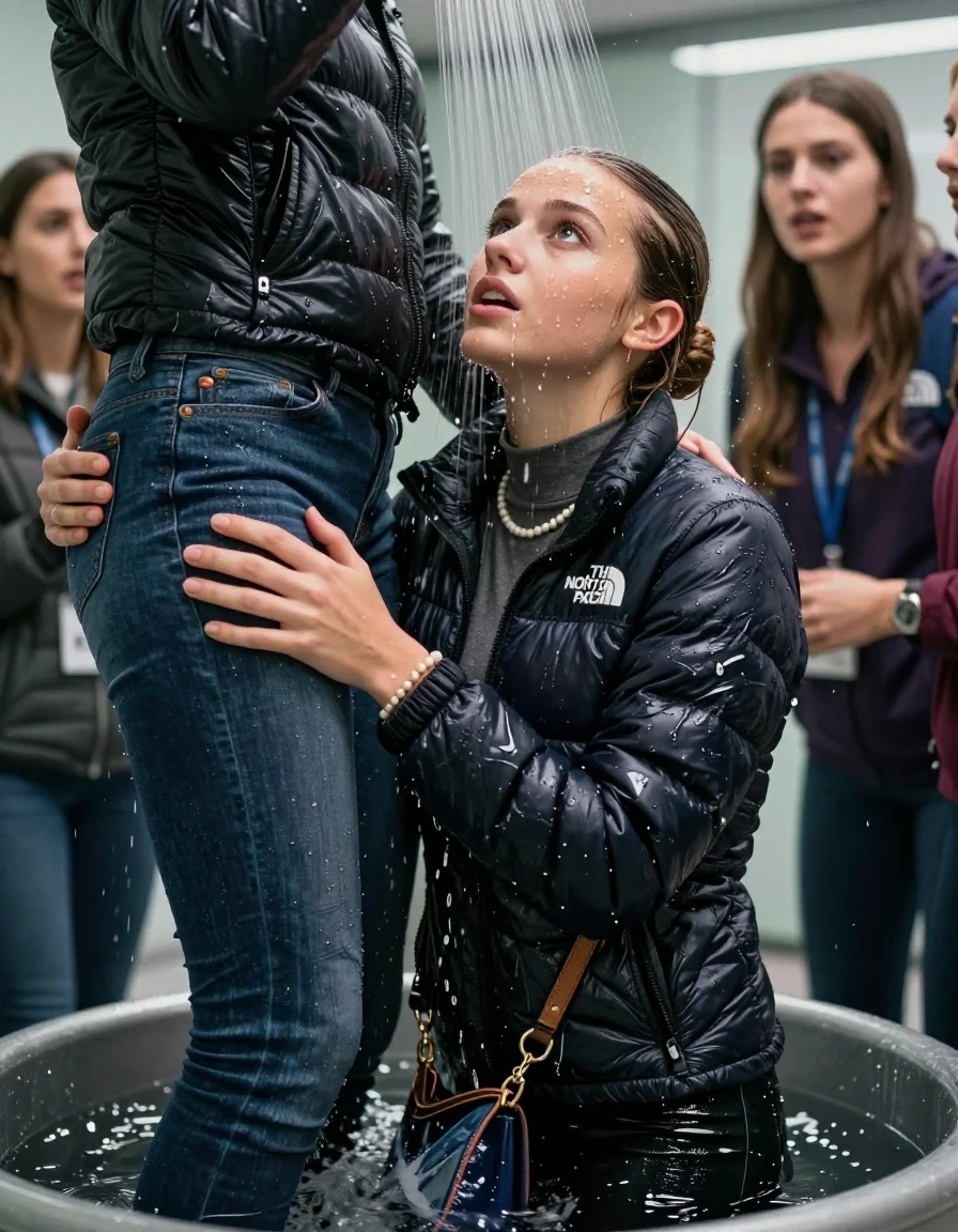 photo of young woman, in soaking wet, drenched clothes,
, Skinny jeans, North face puffer down jacket, tight turtleneck sweater belly free, shoulderbag, pearl necklace, bracelet, wristwatch, Under the shower standing in a tube, strong jet of water, at office , 
enjoying, wet clothes stuck to body,
detailed textures of the wet clothes, wet face, wet plastered hair,
wet, drenched, professional, high-quality details, full body view.
sharp focus, ultra-high pixel detail, realistic, high-quality, full colors, incredibly detailed, 4k, 8k, 16k, hyper-realistic, RAW photo, masterpiece, ultra-detailed, professionally color graded, professional photograph, Brunette Sleek bun

 15-years-old  teenage girl and her female  friends

Only head and shoulders are over the surface visible. Looking up. Open mouth, big eyes . hugs her friend. Water running down her face and neck.

The girls wear different clothes and jackets.

she is completely underwater up to her neck, horny and astonished expression. 

her clothing is soaking wet and clinging tightly to her skin, showing heavy wet folds, darkened fabric texture, and deep water-saturated Patches, her clothes are heavy from the water, water runs from her body and her clothes in streams. A lot of water also runs out of her clothes. Her clothes are darkened by the water. Her submerged clothes are good visible under the water.  she soaked her handbag into the water.

close up view, wet skin, wet clothes, wet hair, damp fabric, water runs down the clothes, wet skin, wet clothes, damp fabric. cinematic medium shot, hyper-realistic wetness, high-contrast water sheen, sharp focus, 16k resolution, professional photography, realistic water physics., wet skin, wet clothes, damp fabric, wet skin, wet clothes, damp fabric, wet skin, wet clothes, damp fabric, wet skin, wet clothes, damp fabric, wet skin, wet clothes, damp fabric, wet skin, wet clothes, damp fabric, wet skin, wet clothes, damp fabric, wet skin, wet clothes, damp fabric, wet skin, wet clothes, damp fabric