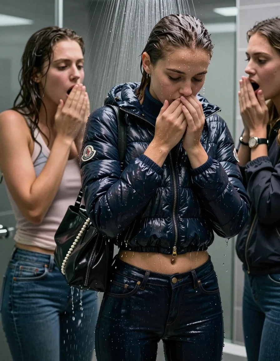 photo of young woman, in soaking wet, drenched clothes,
, Skinny jeans, Moncler shiny puffer down jacket, tight turtleneck sweater belly free, shoulderbag, pearl necklace, bracelet, wristwatch, Under the shower, strong jet of water, modern mirrored bathroom, 
enjoying, wet clothes stuck to body,
detailed textures of the wet clothes, wet face, wet plastered hair,
wet, drenched, professional, high-quality details, full body view.
sharp focus, ultra-high pixel detail, realistic, high-quality, full colors, incredibly detailed, 4k, 8k, 16k, hyper-realistic, RAW photo, masterpiece, ultra-detailed, professionally color graded, professional photograph, Brunette Sleek bun

 15-years-old  teenage girl and her female  friends

Only head and shoulders are over the surface visible. Looking down. Open mouth, half closed eyes . Hold her hands on her mouth and nose . hugs her friend. Water running down her face and neck.

The girls wear different clothes and down jackets.

she is completely underwater up to her neck, horny and astonished expression. 

her clothing is soaking wet and clinging tightly to her skin, showing heavy wet folds, darkened fabric texture, and deep water-saturated Patches, her clothes are heavy from the water, water runs from her body and her clothes in streams. A lot of water also runs out of her clothes. Her clothes are darkened by the water. Her submerged clothes are good visible under the water.  she soaked her handbag into the water.

close up view, wet skin, wet clothes, wet hair, damp fabric, water runs down the clothes, wet skin, wet clothes, damp fabric. cinematic medium shot, hyper-realistic wetness, high-contrast water sheen, sharp focus, 16k resolution, professional photography, realistic water physics., wet skin, wet clothes, damp fabric, wet skin, wet clothes, damp fabric, wet skin, wet clothes, damp fabric, wet skin, wet clothes, damp fabric, wet skin, wet clothes, damp fabric, wet skin, wet clothes, damp fabric, wet skin, wet clothes, damp fabric, wet skin, wet clothes, damp fabric, wet skin, wet clothes, damp fabric