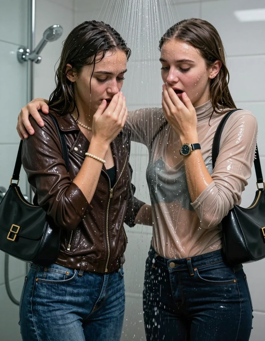 photo of young woman, in soaking wet, drenched clothes,
, Skinny jeans, Leatherjacket, Long sleeve turtleneck sweater belly free, shoulderbag, pearl necklace, bracelet, wristwatch, Under the shower emerging in a tube, strong jet with tons of water, at office , 
enjoying, wet clothes stuck to body,
detailed textures of the wet clothes, wet face, wet plastered hair,
wet, drenched, professional, high-quality details, full body view.
sharp focus, ultra-high pixel detail, realistic, high-quality, full colors, incredibly detailed, 4k, 8k, 16k, hyper-realistic, RAW photo, masterpiece, ultra-detailed, professionally color graded, professional photograph, Long Sleek straight hair

Two 15-years-old  teenage girl and her female  friends

Only head and shoulders are over the surface visible. Looking down. Open mouth . Covers her nose with a hand. hugs her friend. Water running down her face and neck.

The girls wear different clothes and jackets.

she is completely underwater up to her neck, afraid and astonished expression. 

her clothing is soaking wet and clinging tightly to her skin, showing heavy wet folds, darkened fabric texture, and deep water-saturated Patches, her clothes are heavy from the water, water runs from her body and her clothes in streams. A lot of water also runs out of her clothes. Her clothes are darkened by the water. Her submerged clothes are good visible under the water.  she soaked her handbag into the water.

close up view, wet skin, wet clothes, wet hair, damp fabric, water runs down the clothes, wet skin, wet clothes, damp fabric. cinematic medium shot, hyper-realistic wetness, high-contrast water sheen, sharp focus, 16k resolution, professional photography, realistic water physics., wet skin, wet clothes, damp fabric, wet skin, wet clothes, damp fabric, wet skin, wet clothes, damp fabric, wet skin, wet clothes, damp fabric, wet skin, wet clothes, damp fabric, wet skin, wet clothes, damp fabric, wet skin, wet clothes, damp fabric, wet skin, wet clothes, damp fabric, wet skin, wet clothes, damp fabric
