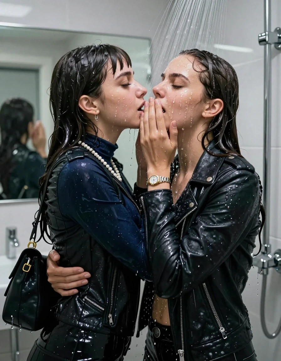 photo of young woman, in soaking wet, drenched clothes,
, , Biker leatherjacket, tight turtleneck sweater belly free, shoulderbag, pearl necklace, bracelet, wristwatch, Intense Orgasm Under the shower, strong jet of water, modern mirrored bathroom, 
enjoying, wet clothes stuck to body,
detailed textures of the wet clothes, wet face, wet plastered hair,
wet, drenched, professional, high-quality details, full body view.
sharp focus, ultra-high pixel detail, realistic, high-quality, full colors, incredibly detailed, 4k, 8k, 16k, hyper-realistic, RAW photo, masterpiece, ultra-detailed, professionally color graded, professional photograph, Sleek long  ponytail with bangs

 21 years old  school girl and her female  friends

Only head and shoulders are over the surface visible. Looking slightly away. Open mouth, closed eyes . Her mouth is covered by her friends Hand. hugs her friend. Water running down her face and neck.

The girls wear different clothes.

she is completely underwater up to her neck, horny and painful expression. 

her clothing is soaking wet and clinging tightly to her skin, showing heavy wet folds, darkened fabric texture, and deep water-saturated Patches, her clothes are heavy from the water, water runs from her body and her clothes in streams. A lot of water also runs out of her clothes. Her clothes are darkened by the water. Her submerged clothes are good visible under the water.  she soaked her handbag into the water.

close up view, wet skin, wet clothes, wet hair, damp fabric, water runs down the clothes, wet skin, wet clothes, damp fabric. cinematic medium shot, hyper-realistic wetness, high-contrast water sheen, sharp focus, 16k resolution, professional photography, realistic water physics., wet skin, wet clothes, damp fabric, wet skin, wet clothes, damp fabric, wet skin, wet clothes, damp fabric, wet skin, wet clothes, damp fabric, wet skin, wet clothes, damp fabric, wet skin, wet clothes, damp fabric, wet skin, wet clothes, damp fabric, wet skin, wet clothes, damp fabric, wet skin, wet clothes, damp fabric