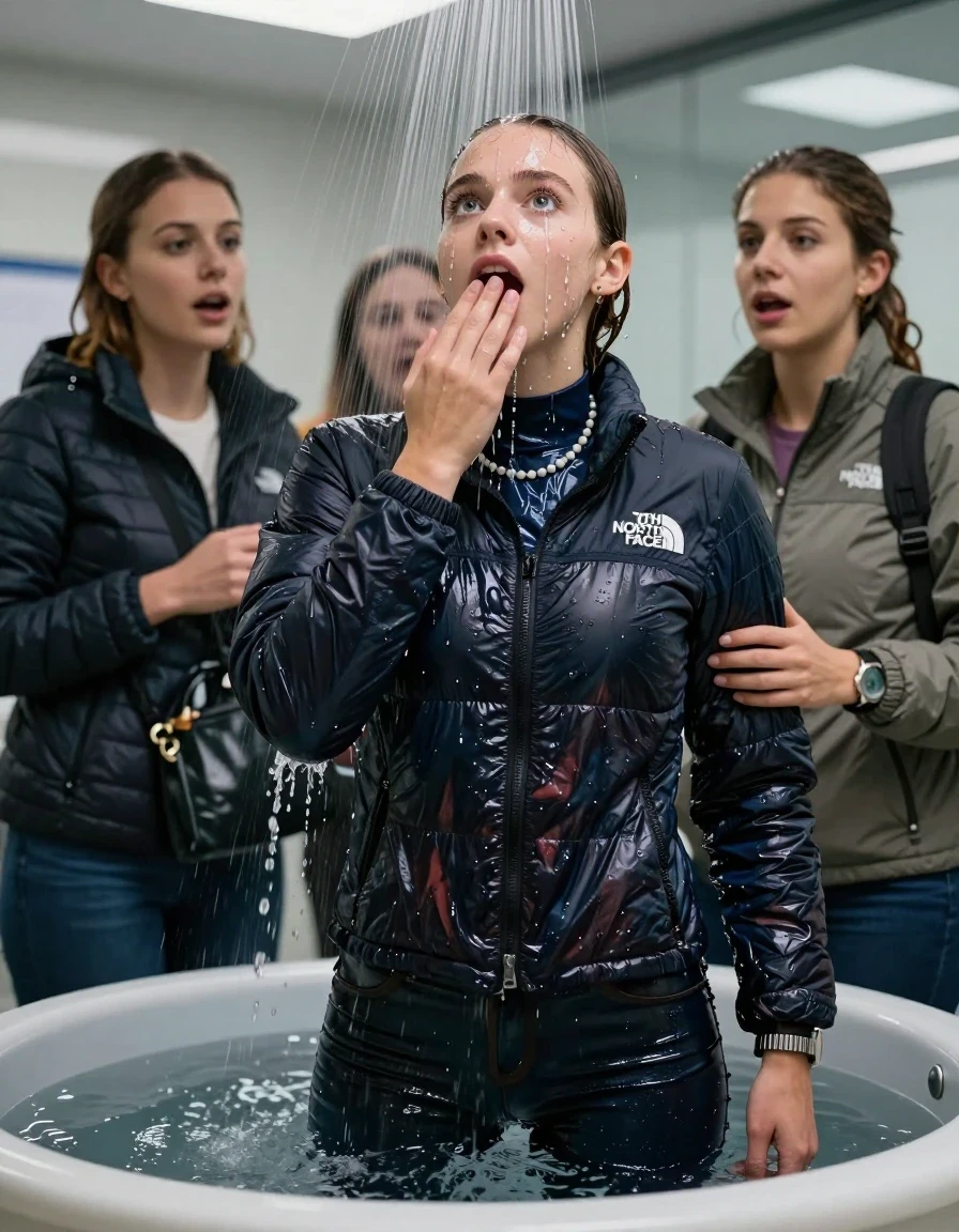 photo of young woman, in soaking wet, drenched clothes,
, Skinny jeans, North face puffer down jacket, tight turtleneck sweater belly free, shoulderbag, pearl necklace, bracelet, wristwatch, Under the shower standing in a tube, strong jet of water, at office , 
enjoying, wet clothes stuck to body,
detailed textures of the wet clothes, wet face, wet plastered hair,
wet, drenched, professional, high-quality details, full body view.
sharp focus, ultra-high pixel detail, realistic, high-quality, full colors, incredibly detailed, 4k, 8k, 16k, hyper-realistic, RAW photo, masterpiece, ultra-detailed, professionally color graded, professional photograph, Brunette Sleek bun

 15-years-old  teenage girl and her female  friends

Only head and shoulders are over the surface visible. Looking up. Open mouth, big eyes . Hold her hand on her mouth. hugs her friend. Water running down her face and neck.

The girls wear different clothes and jackets.

she is completely underwater up to her neck, horny and astonished expression. 

her clothing is soaking wet and clinging tightly to her skin, showing heavy wet folds, darkened fabric texture, and deep water-saturated Patches, her clothes are heavy from the water, water runs from her body and her clothes in streams. A lot of water also runs out of her clothes. Her clothes are darkened by the water. Her submerged clothes are good visible under the water.  she soaked her handbag into the water.

close up view, wet skin, wet clothes, wet hair, damp fabric, water runs down the clothes, wet skin, wet clothes, damp fabric. cinematic medium shot, hyper-realistic wetness, high-contrast water sheen, sharp focus, 16k resolution, professional photography, realistic water physics., wet skin, wet clothes, damp fabric, wet skin, wet clothes, damp fabric, wet skin, wet clothes, damp fabric, wet skin, wet clothes, damp fabric, wet skin, wet clothes, damp fabric, wet skin, wet clothes, damp fabric, wet skin, wet clothes, damp fabric, wet skin, wet clothes, damp fabric, wet skin, wet clothes, damp fabric