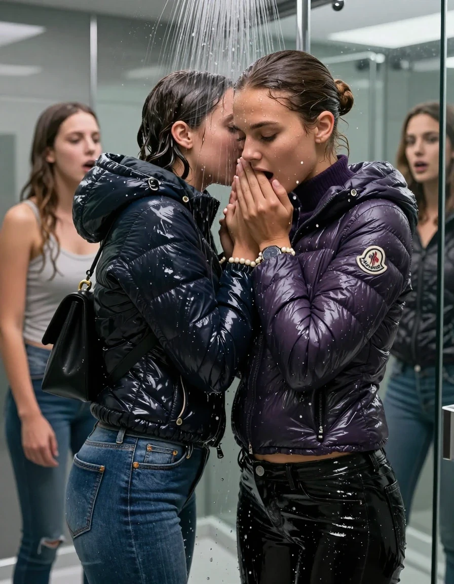 photo of young woman, in soaking wet, drenched clothes,
, Skinny jeans, Moncler shiny puffer down jacket, tight turtleneck sweater belly free, shoulderbag, pearl necklace, bracelet, wristwatch, Under the shower, strong jet of water, modern mirrored bathroom, 
enjoying, wet clothes stuck to body,
detailed textures of the wet clothes, wet face, wet plastered hair,
wet, drenched, professional, high-quality details, full body view.
sharp focus, ultra-high pixel detail, realistic, high-quality, full colors, incredibly detailed, 4k, 8k, 16k, hyper-realistic, RAW photo, masterpiece, ultra-detailed, professionally color graded, professional photograph, Brunette Sleek bun

 15-years-old  teenage girl and her female  friends

Only head and shoulders are over the surface visible. Looking down. Open mouth, half closed eyes . Hold her hands on her mouth and nose . hugs her friend. Water running down her face and neck.

The girls wear different clothes and down jackets.

she is completely underwater up to her neck, horny and astonished expression. 

her clothing is soaking wet and clinging tightly to her skin, showing heavy wet folds, darkened fabric texture, and deep water-saturated Patches, her clothes are heavy from the water, water runs from her body and her clothes in streams. A lot of water also runs out of her clothes. Her clothes are darkened by the water. Her submerged clothes are good visible under the water.  she soaked her handbag into the water.

close up view, wet skin, wet clothes, wet hair, damp fabric, water runs down the clothes, wet skin, wet clothes, damp fabric. cinematic medium shot, hyper-realistic wetness, high-contrast water sheen, sharp focus, 16k resolution, professional photography, realistic water physics., wet skin, wet clothes, damp fabric, wet skin, wet clothes, damp fabric, wet skin, wet clothes, damp fabric, wet skin, wet clothes, damp fabric, wet skin, wet clothes, damp fabric, wet skin, wet clothes, damp fabric, wet skin, wet clothes, damp fabric, wet skin, wet clothes, damp fabric, wet skin, wet clothes, damp fabric