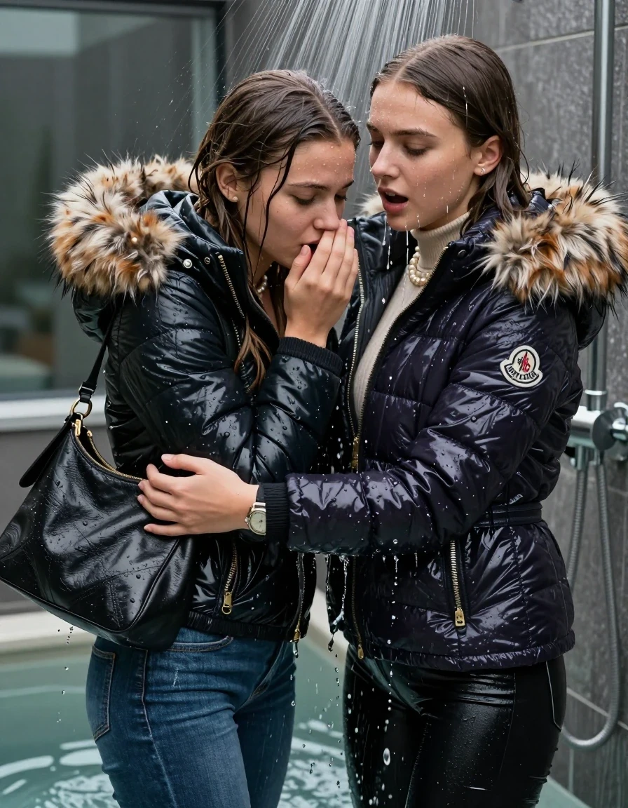 photo of young woman, in soaking wet, drenched clothes,
, Skinny jeans, Moncler Shiny puffer down Parka with fur, Long sleeve turtleneck sweater belly free, shoulderbag, pearl necklace, bracelet, wristwatch, Under the shower emerging in a tube, strong jet of water, in Penthouse , 
enjoying, wet clothes stuck to body,
detailed textures of the wet clothes, wet face, wet plastered hair,
wet, drenched, professional, high-quality details, full body view.
sharp focus, ultra-high pixel detail, realistic, high-quality, full colors, incredibly detailed, 4k, 8k, 16k, hyper-realistic, RAW photo, masterpiece, ultra-detailed, professionally color graded, professional photograph, Long Sleek straight hair

Two 15-years-old  teenage girl and her female  friends

Only head and shoulders are over the surface visible. Looking down. Open mouth . Covers her nose with a hand. hugs her friend. Water running down her face and neck.

The girls wear different clothes and jackets.

she is completely underwater up to her neck, afraid and astonished expression. 

her clothing is soaking wet and clinging tightly to her skin, showing heavy wet folds, darkened fabric texture, and deep water-saturated Patches, her clothes are heavy from the water, water runs from her body and her clothes in streams. A lot of water also runs out of her clothes. Her clothes are darkened by the water. Her submerged clothes are good visible under the water.  she soaked her handbag into the water.

close up view, wet skin, wet clothes, wet hair, damp fabric, water runs down the clothes, wet skin, wet clothes, damp fabric. cinematic medium shot, hyper-realistic wetness, high-contrast water sheen, sharp focus, 16k resolution, professional photography, realistic water physics., wet skin, wet clothes, damp fabric, wet skin, wet clothes, damp fabric, wet skin, wet clothes, damp fabric, wet skin, wet clothes, damp fabric, wet skin, wet clothes, damp fabric, wet skin, wet clothes, damp fabric, wet skin, wet clothes, damp fabric, wet skin, wet clothes, damp fabric, wet skin, wet clothes, damp fabric, wet skin, wet clothes, damp fabric, wet skin, wet clothes, damp fabric
