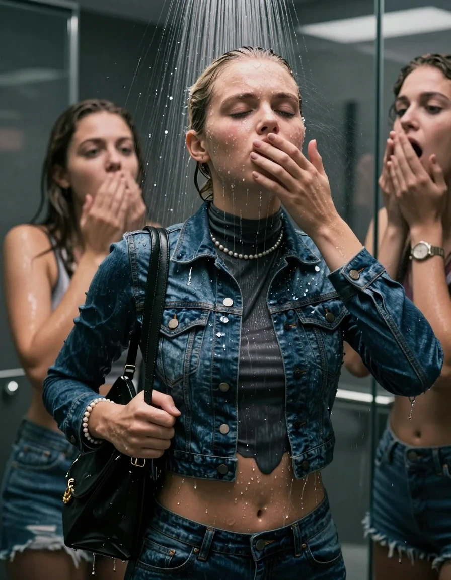 photo of young woman, in soaking wet, drenched clothes,
, , Denim jacket, tight turtleneck sweater belly free, shoulderbag, pearl necklace, bracelet, wristwatch, Intense Orgasm Under the shower, strong jet of water, modern mirrored bathroom, 
enjoying, wet clothes stuck to body,
detailed textures of the wet clothes, wet face, wet plastered hair,
wet, drenched, professional, high-quality details, full body view.
sharp focus, ultra-high pixel detail, realistic, high-quality, full colors, incredibly detailed, 4k, 8k, 16k, hyper-realistic, RAW photo, masterpiece, ultra-detailed, professionally color graded, professional photograph, Blonde Sleek bun

 21 years old  teenage girl and her surprised female  friends

Only head and shoulders are over the surface visible. Looking at Camera . Open mouth, half closed eyes . Her mouth is covered by her friends Hand. hugs her friend. Water running down her face and neck.

The girls wear different clothes.

she is completely underwater up to her neck, horny and painful expression. 

her clothing is soaking wet and clinging tightly to her skin, showing heavy wet folds, darkened fabric texture, and deep water-saturated Patches, her clothes are heavy from the water, water runs from her body and her clothes in streams. A lot of water also runs out of her clothes. Her clothes are darkened by the water. Her submerged clothes are good visible under the water.  she soaked her handbag into the water.

close up view, wet skin, wet clothes, wet hair, damp fabric, water runs down the clothes, wet skin, wet clothes, damp fabric. cinematic medium shot, hyper-realistic wetness, high-contrast water sheen, sharp focus, 16k resolution, professional photography, realistic water physics., wet skin, wet clothes, damp fabric, wet skin, wet clothes, damp fabric, wet skin, wet clothes, damp fabric, wet skin, wet clothes, damp fabric, wet skin, wet clothes, damp fabric, wet skin, wet clothes, damp fabric, wet skin, wet clothes, damp fabric, wet skin, wet clothes, damp fabric, wet skin, wet clothes, damp fabric