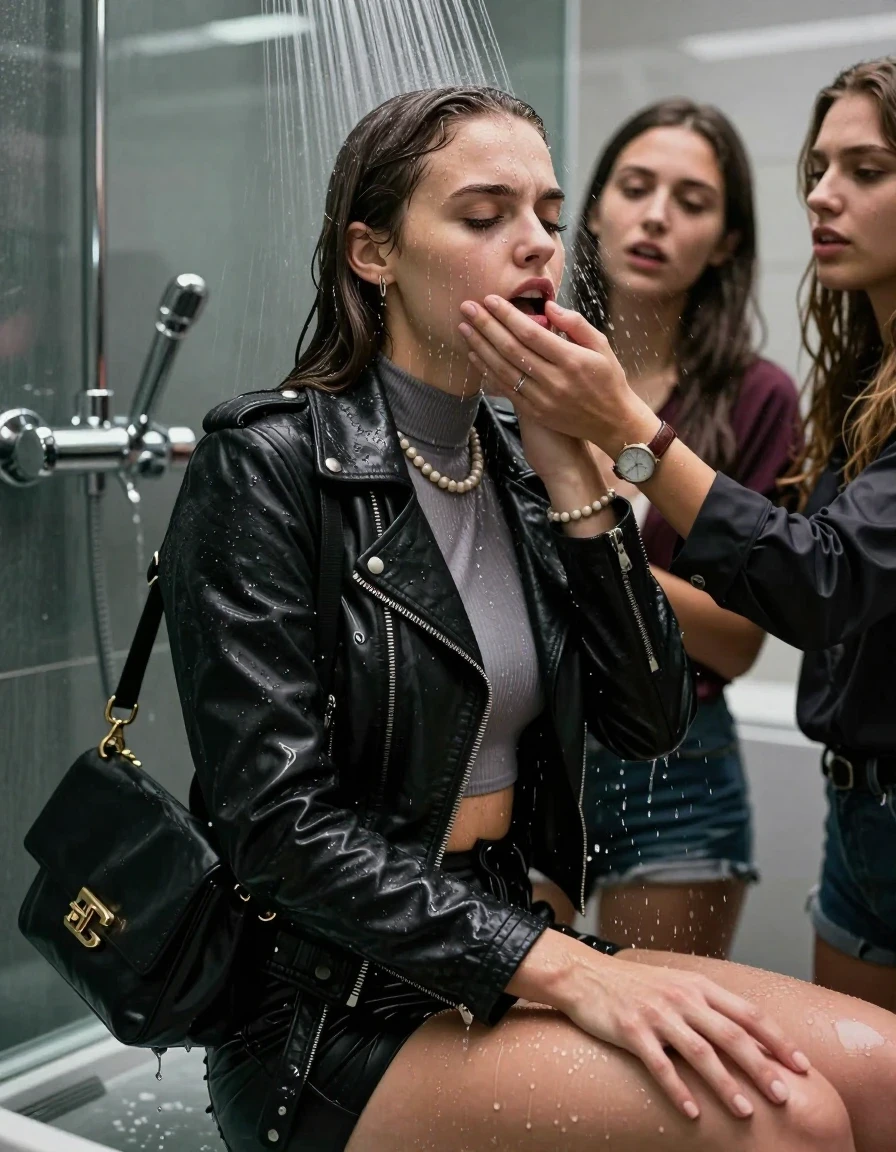 photo of young woman, in soaking wet, drenched clothes,
, , Biker leatherjacket, tight turtleneck sweater belly free, shoulderbag, pearl necklace, bracelet, wristwatch, Intense Orgasm Under the shower, strong jet of water, modern mirrored bathroom, 
enjoying, wet clothes stuck to body,
detailed textures of the wet clothes, wet face, wet plastered hair,
wet, drenched, professional, high-quality details, full body view.
sharp focus, ultra-high pixel detail, realistic, high-quality, full colors, incredibly detailed, 4k, 8k, 16k, hyper-realistic, RAW photo, masterpiece, ultra-detailed, professionally color graded, professional photograph, Sleek long straight hair

 21 years old  school girl and her female  friends

Only head and shoulders are over the surface visible. Looking slightly away. Open mouth, closed eyes . Arms on her legs. Her mouth is covered by her friends Hand. hugs her friend. Water running down her face and neck.

The girls wear different clothes.

she is completely underwater up to her neck, horny and painful expression. 

her clothing is soaking wet and clinging tightly to her skin, showing heavy wet folds, darkened fabric texture, and deep water-saturated Patches, her clothes are heavy from the water, water runs from her body and her clothes in streams. A lot of water also runs out of her clothes. Her clothes are darkened by the water. Her submerged clothes are good visible under the water.  she soaked her handbag into the water.

close up view, wet skin, wet clothes, wet hair, damp fabric, water runs down the clothes, wet skin, wet clothes, damp fabric. cinematic medium shot, hyper-realistic wetness, high-contrast water sheen, sharp focus, 16k resolution, professional photography, realistic water physics., wet skin, wet clothes, damp fabric, wet skin, wet clothes, damp fabric, wet skin, wet clothes, damp fabric, wet skin, wet clothes, damp fabric, wet skin, wet clothes, damp fabric, wet skin, wet clothes, damp fabric, wet skin, wet clothes, damp fabric, wet skin, wet clothes, damp fabric, wet skin, wet clothes, damp fabric
