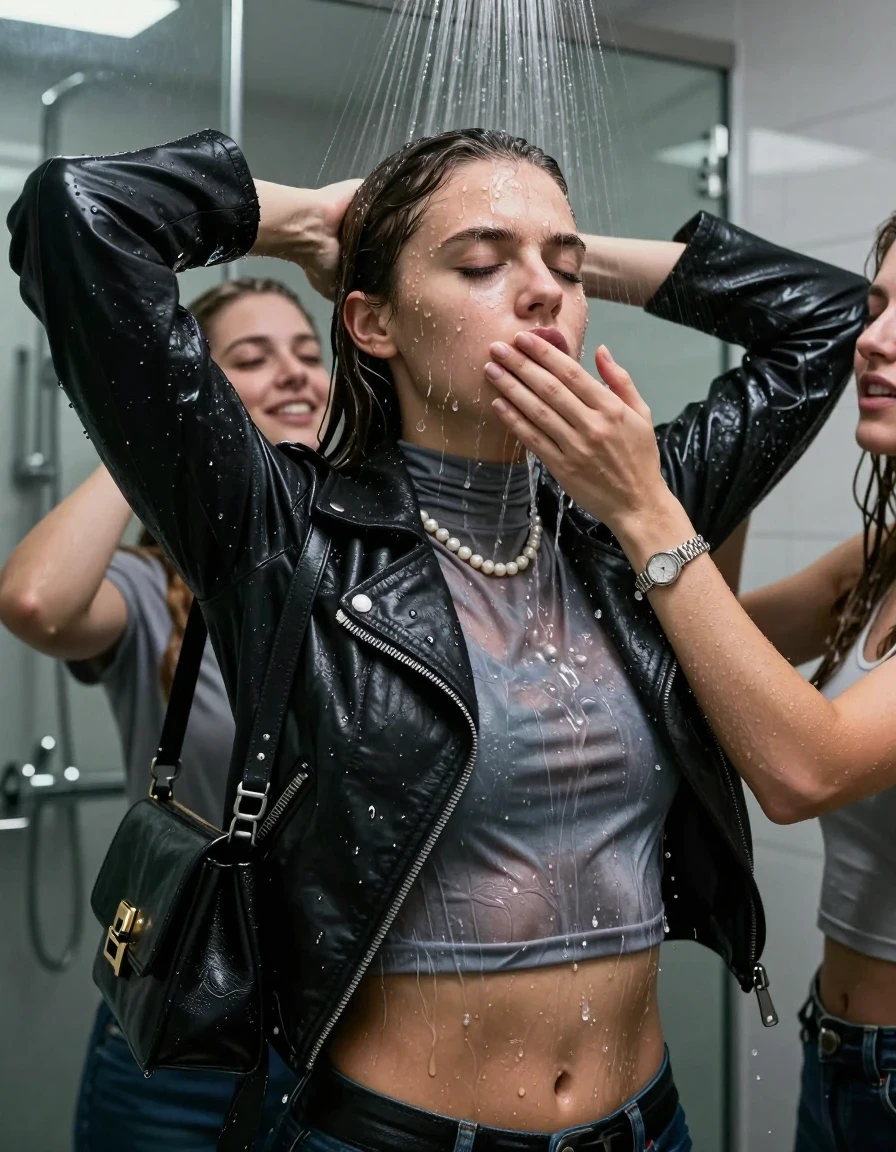 photo of young woman, in soaking wet, drenched clothes,
, , Biker leatherjacket, tight turtleneck sweater belly free, shoulderbag, pearl necklace, bracelet, wristwatch, Intense Orgasm Under the shower, strong jet of water, modern mirrored bathroom, 
enjoying, wet clothes stuck to body,
detailed textures of the wet clothes, wet face, wet plastered hair,
wet, drenched, professional, high-quality details, full body view.
sharp focus, ultra-high pixel detail, realistic, high-quality, full colors, incredibly detailed, 4k, 8k, 16k, hyper-realistic, RAW photo, masterpiece, ultra-detailed, professionally color graded, professional photograph, Sleek long straight hair

 21 years old  school girl and her female  friends

Only head and shoulders are over the surface visible. Looking slightly away. Open mouth, closed eyes . Arms over her head. Her mouth is covered by her friends Hand. hugs her friend. Water running down her face and neck.

The girls wear different clothes.

she is completely underwater up to her neck, horny and painful expression. 

her clothing is soaking wet and clinging tightly to her skin, showing heavy wet folds, darkened fabric texture, and deep water-saturated Patches, her clothes are heavy from the water, water runs from her body and her clothes in streams. A lot of water also runs out of her clothes. Her clothes are darkened by the water. Her submerged clothes are good visible under the water.  she soaked her handbag into the water.

close up view, wet skin, wet clothes, wet hair, damp fabric, water runs down the clothes, wet skin, wet clothes, damp fabric. cinematic medium shot, hyper-realistic wetness, high-contrast water sheen, sharp focus, 16k resolution, professional photography, realistic water physics., wet skin, wet clothes, damp fabric, wet skin, wet clothes, damp fabric, wet skin, wet clothes, damp fabric, wet skin, wet clothes, damp fabric, wet skin, wet clothes, damp fabric, wet skin, wet clothes, damp fabric, wet skin, wet clothes, damp fabric, wet skin, wet clothes, damp fabric, wet skin, wet clothes, damp fabric