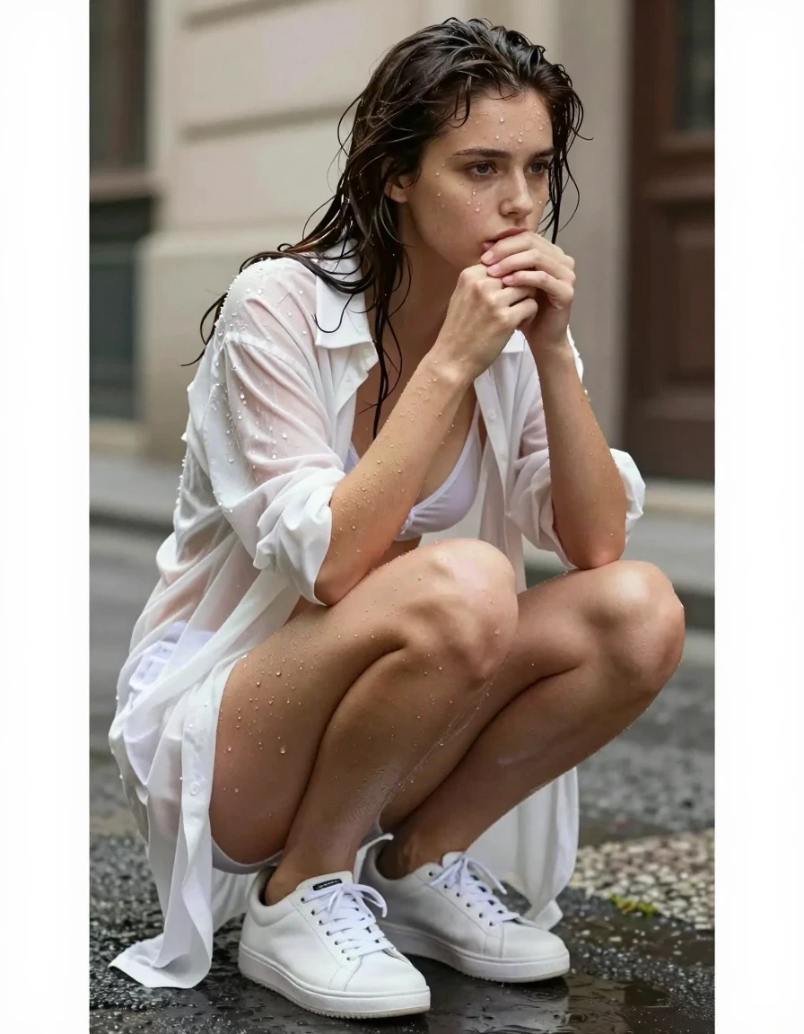 photo of young woman, in soaking wet, drenched clothes,
White sneakers, White cotton panties, white cotton bra, Street, 
enjoying, wet clothes stuck to body,
detailed textures of the wet clothes, wet face, wet plastered hair,
wet, drenched, professional, high-quality details, full body view.
sharp focus, ultra-high pixel detail, realistic, high-quality, full colors, incredibly detailed, 4k, 8k, 16k, hyper-realistic, RAW photo, masterpiece, ultra-detailed, professionally color graded, professional photograph, wet skin, wet clothes, damp fabric