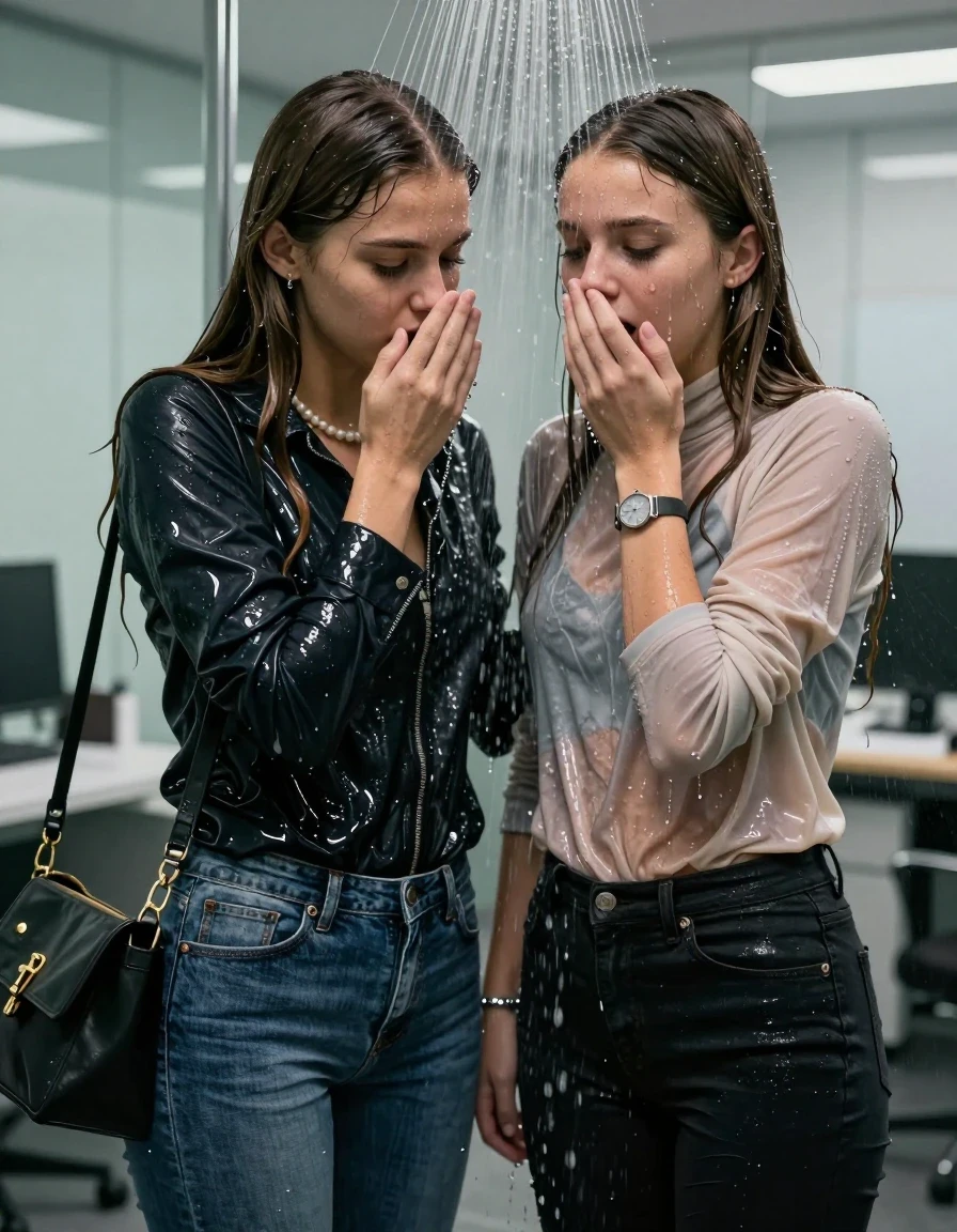 photo of young woman, in soaking wet, drenched clothes,
, Skinny jeans, Winterjackets, Long sleeve turtleneck sweater belly free, shoulderbag, pearl necklace, bracelet, wristwatch, Under the shower emerging in a large tube, strong jet of water, at office , 
enjoying, wet clothes stuck to body,
detailed textures of the wet clothes, wet face, wet plastered hair,
wet, drenched, professional, high-quality details, full body view.
sharp focus, ultra-high pixel detail, realistic, high-quality, full colors, incredibly detailed, 4k, 8k, 16k, hyper-realistic, RAW photo, masterpiece, ultra-detailed, professionally color graded, professional photograph, Long Sleek straight hair

Two 15-years-old  teenage girl and her female  friends

Only head and shoulders are over the surface visible. Looking down. Open mouth . Covers her nose with a hand. hugs her friend. Water running down her face and neck.

The girls wear different clothes and jackets.

she is completely underwater up to her neck, afraid and astonished expression. 

her clothing is soaking wet and clinging tightly to her skin, showing heavy wet folds, darkened fabric texture, and deep water-saturated Patches, her clothes are heavy from the water, water runs from her body and her clothes in streams. A lot of water also runs out of her clothes. Her clothes are darkened by the water. Her submerged clothes are good visible under the water.  she soaked her handbag into the water.

close up view, wet skin, wet clothes, wet hair, damp fabric, water runs down the clothes, wet skin, wet clothes, damp fabric. cinematic medium shot, hyper-realistic wetness, high-contrast water sheen, sharp focus, 16k resolution, professional photography, realistic water physics., wet skin, wet clothes, damp fabric, wet skin, wet clothes, damp fabric, wet skin, wet clothes, damp fabric, wet skin, wet clothes, damp fabric, wet skin, wet clothes, damp fabric, wet skin, wet clothes, damp fabric, wet skin, wet clothes, damp fabric, wet skin, wet clothes, damp fabric, wet skin, wet clothes, damp fabric, wet skin, wet clothes, damp fabric