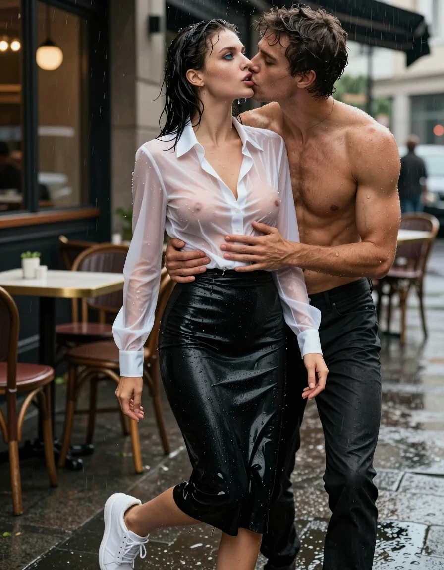 photo of young woman, in soaking wet, drenched clothes,
White sneakers, , Black midi skirt, soaked and clinging,, white translucent latex blouse, no bra, sheer and drenched, visible water droplets, no bra,, outdoor cafe frontage, urban sidewalk, rainy atmosphere, 
enjoying, wet clothes stuck to body,
detailed textures of the wet clothes, wet face, wet plastered hair,
wet, drenched, professional, high-quality details, full body view.
sharp focus, ultra-high pixel detail, realistic, high-quality, full colors, incredibly detailed, 4k, 8k, 16k, hyper-realistic, RAW photo, masterpiece, ultra-detailed, professionally color graded, professional photograph, a woman in an office rush frantically, her hair is very wet and dropping, she looks very erotic, her latex blouse is very translucent and you can see here breasts, she wears no bra, water is droping out of her clothes, she wears a black midi skirt, the young woman is standing in the rain, a shirtless young man is standing in front of the young woman, they hug each other, he touch her breast, she kisses him with very passionately on his mouth, she likes it very much, her blue eyes are open, photorealistic lifestyle photography, rich natural color, balanced bright exposure, moderate contrast, softly lifted shadows, high-fashion editorial style, cinematic medium shot with shallow depth of field., wet skin, wet clothes, damp fabric