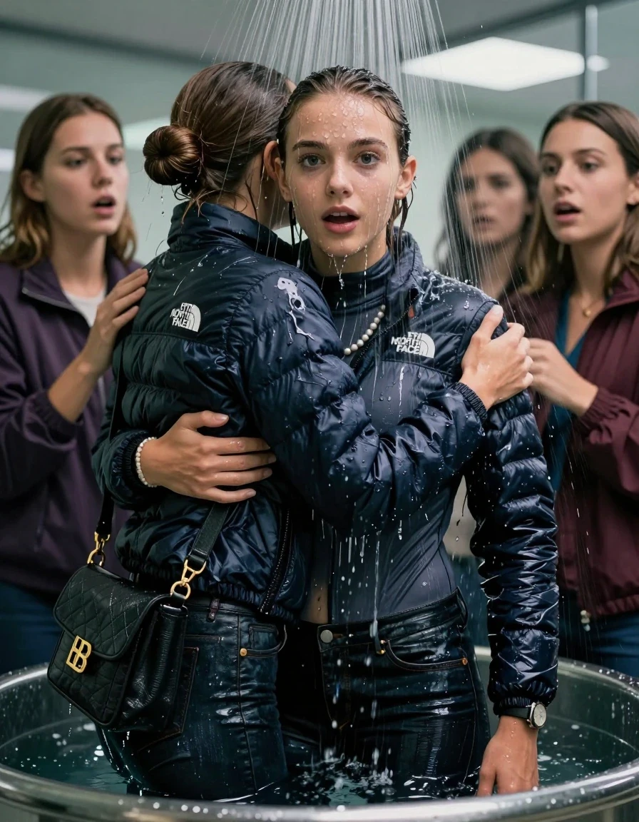 photo of young woman, in soaking wet, drenched clothes,
, Skinny jeans, North face puffer down jacket, tight turtleneck sweater belly free, shoulderbag, pearl necklace, bracelet, wristwatch, Under the shower standing in a tube, strong jet of water, at office , 
enjoying, wet clothes stuck to body,
detailed textures of the wet clothes, wet face, wet plastered hair,
wet, drenched, professional, high-quality details, full body view.
sharp focus, ultra-high pixel detail, realistic, high-quality, full colors, incredibly detailed, 4k, 8k, 16k, hyper-realistic, RAW photo, masterpiece, ultra-detailed, professionally color graded, professional photograph, Brunette Sleek bun

 15-years-old  teenage girl and her female  friends

Only head and shoulders are over the surface visible. Looking at camera. Open mouth, half big eyes . hugs her friend. Water running down her face and neck.

The girls wear different clothes and jackets.

she is completely underwater up to her neck, horny and astonished expression. 

her clothing is soaking wet and clinging tightly to her skin, showing heavy wet folds, darkened fabric texture, and deep water-saturated Patches, her clothes are heavy from the water, water runs from her body and her clothes in streams. A lot of water also runs out of her clothes. Her clothes are darkened by the water. Her submerged clothes are good visible under the water.  she soaked her handbag into the water.

close up view, wet skin, wet clothes, wet hair, damp fabric, water runs down the clothes, wet skin, wet clothes, damp fabric. cinematic medium shot, hyper-realistic wetness, high-contrast water sheen, sharp focus, 16k resolution, professional photography, realistic water physics., wet skin, wet clothes, damp fabric, wet skin, wet clothes, damp fabric, wet skin, wet clothes, damp fabric, wet skin, wet clothes, damp fabric, wet skin, wet clothes, damp fabric, wet skin, wet clothes, damp fabric, wet skin, wet clothes, damp fabric, wet skin, wet clothes, damp fabric, wet skin, wet clothes, damp fabric