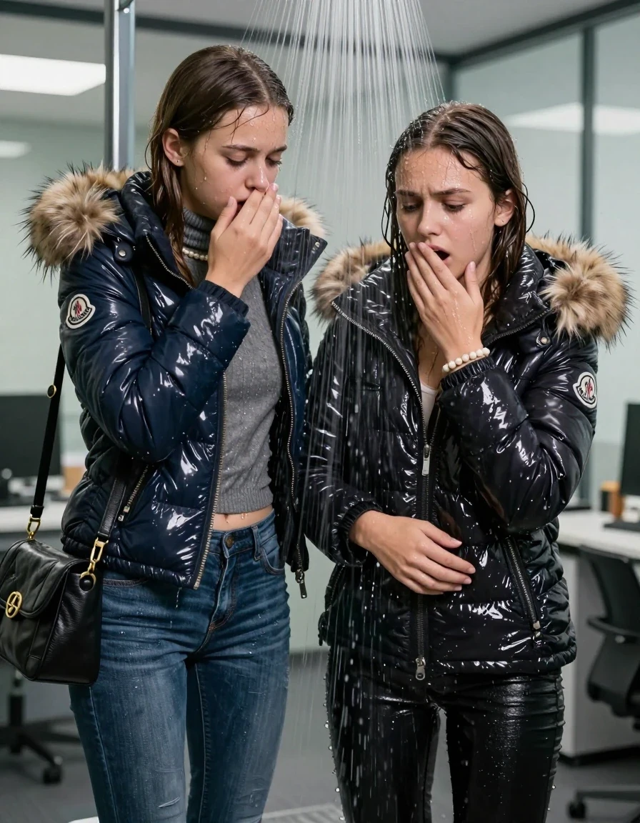 photo of young woman, in soaking wet, drenched clothes,
, Skinny jeans, Moncler Shiny puffer down Parka with fur, Long sleeve turtleneck sweater belly free, shoulderbag, pearl necklace, bracelet, wristwatch, Under the shower emerging in a large tube, strong jet of water, at office , 
enjoying, wet clothes stuck to body,
detailed textures of the wet clothes, wet face, wet plastered hair,
wet, drenched, professional, high-quality details, full body view.
sharp focus, ultra-high pixel detail, realistic, high-quality, full colors, incredibly detailed, 4k, 8k, 16k, hyper-realistic, RAW photo, masterpiece, ultra-detailed, professionally color graded, professional photograph, Long Sleek straight hair

Two 15-years-old  teenage girl and her female  friends

Only head and shoulders are over the surface visible. Looking down. Open mouth . Covers her nose with a hand. hugs her friend. Water running down her face and neck.

The girls wear different clothes and jackets.

she is completely underwater up to her neck, afraid and astonished expression. 

her clothing is soaking wet and clinging tightly to her skin, showing heavy wet folds, darkened fabric texture, and deep water-saturated Patches, her clothes are heavy from the water, water runs from her body and her clothes in streams. A lot of water also runs out of her clothes. Her clothes are darkened by the water. Her submerged clothes are good visible under the water.  she soaked her handbag into the water.

close up view, wet skin, wet clothes, wet hair, damp fabric, water runs down the clothes, wet skin, wet clothes, damp fabric. cinematic medium shot, hyper-realistic wetness, high-contrast water sheen, sharp focus, 16k resolution, professional photography, realistic water physics., wet skin, wet clothes, damp fabric, wet skin, wet clothes, damp fabric, wet skin, wet clothes, damp fabric, wet skin, wet clothes, damp fabric, wet skin, wet clothes, damp fabric, wet skin, wet clothes, damp fabric, wet skin, wet clothes, damp fabric, wet skin, wet clothes, damp fabric, wet skin, wet clothes, damp fabric, wet skin, wet clothes, damp fabric