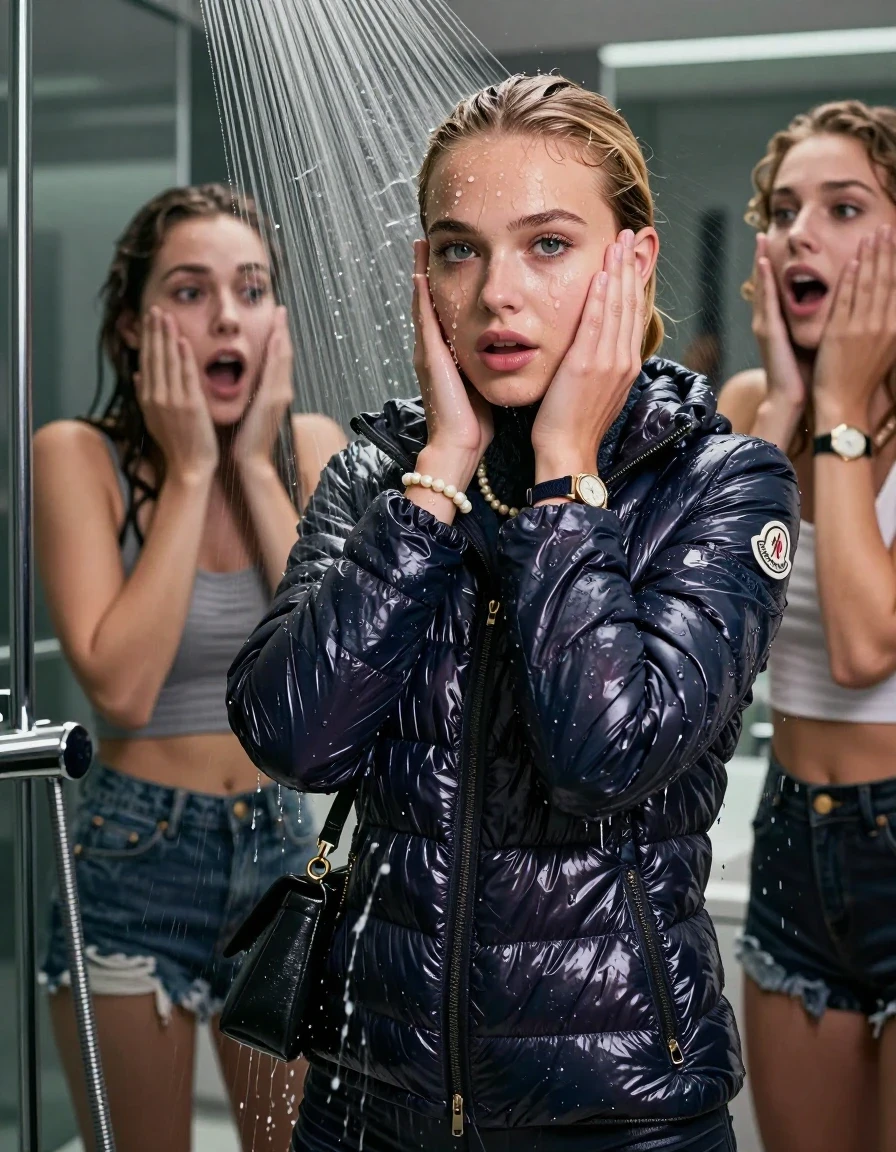 photo of young woman, in soaking wet, drenched clothes,
, , Moncler shiny puffer down jacket, tight turtleneck sweater belly free, shoulderbag, pearl necklace, bracelet, wristwatch, Under the shower, strong jet of water, modern mirrored bathroom, 
enjoying, wet clothes stuck to body,
detailed textures of the wet clothes, wet face, wet plastered hair,
wet, drenched, professional, high-quality details, full body view.
sharp focus, ultra-high pixel detail, realistic, high-quality, full colors, incredibly detailed, 4k, 8k, 16k, hyper-realistic, RAW photo, masterpiece, ultra-detailed, professionally color graded, professional photograph, Blonde Sleek bun

 21 years old  teenage girl and her surprised female  friends

Only head and shoulders are over the surface visible. Looking at Camera . Open mouth, half closed eyes . Hold her hands on her face. hugs her friend. Water running down her face and neck.

The girls wear different clothes.

she is completely underwater up to her neck, horny and astonished expression. 

her clothing is soaking wet and clinging tightly to her skin, showing heavy wet folds, darkened fabric texture, and deep water-saturated Patches, her clothes are heavy from the water, water runs from her body and her clothes in streams. A lot of water also runs out of her clothes. Her clothes are darkened by the water. Her submerged clothes are good visible under the water.  she soaked her handbag into the water.

close up view, wet skin, wet clothes, wet hair, damp fabric, water runs down the clothes, wet skin, wet clothes, damp fabric. cinematic medium shot, hyper-realistic wetness, high-contrast water sheen, sharp focus, 16k resolution, professional photography, realistic water physics., wet skin, wet clothes, damp fabric, wet skin, wet clothes, damp fabric, wet skin, wet clothes, damp fabric, wet skin, wet clothes, damp fabric, wet skin, wet clothes, damp fabric, wet skin, wet clothes, damp fabric, wet skin, wet clothes, damp fabric, wet skin, wet clothes, damp fabric, wet skin, wet clothes, damp fabric