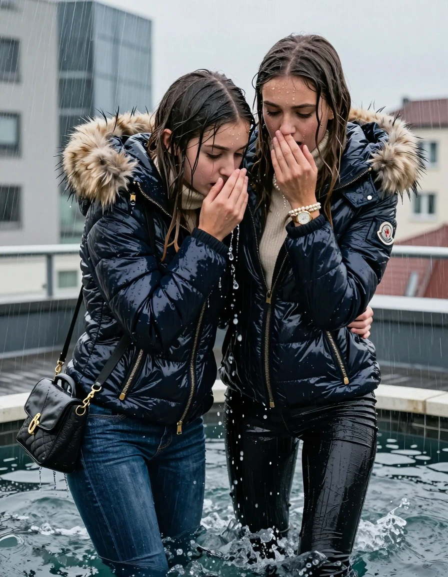 photo of young woman, in soaking wet, drenched clothes,
, Skinny jeans, Moncler Shiny puffer down Parka with fur, Long sleeve turtleneck sweater belly free, shoulderbag, pearl necklace, bracelet, wristwatch, Under heavy Rain emerging in a tube, strong jet of water, at roof top appartement , 
enjoying, wet clothes stuck to body,
detailed textures of the wet clothes, wet face, wet plastered hair,
wet, drenched, professional, high-quality details, full body view.
sharp focus, ultra-high pixel detail, realistic, high-quality, full colors, incredibly detailed, 4k, 8k, 16k, hyper-realistic, RAW photo, masterpiece, ultra-detailed, professionally color graded, professional photograph, Long Sleek straight hair

Two 15-years-old  teenage girl and her female  friends

Only head and shoulders are over the surface visible. Looking down. Open mouth . Covers her nose with a hand. hugs her friend. Water running down her face and neck.

The girls wear different clothes and jackets.

she is completely underwater up to her neck, afraid and astonished expression. 

her clothing is soaking wet and clinging tightly to her skin, showing heavy wet folds, darkened fabric texture, and deep water-saturated Patches, her clothes are heavy from the water, water runs from her body and her clothes in streams. A lot of water also runs out of her clothes. Her clothes are darkened by the water. Her submerged clothes are good visible under the water.  she soaked her handbag into the water.

close up view, wet skin, wet clothes, wet hair, damp fabric, water runs down the clothes, wet skin, wet clothes, damp fabric. cinematic medium shot, hyper-realistic wetness, high-contrast water sheen, sharp focus, 16k resolution, professional photography, realistic water physics., wet skin, wet clothes, damp fabric, wet skin, wet clothes, damp fabric, wet skin, wet clothes, damp fabric, wet skin, wet clothes, damp fabric, wet skin, wet clothes, damp fabric, wet skin, wet clothes, damp fabric, wet skin, wet clothes, damp fabric, wet skin, wet clothes, damp fabric, wet skin, wet clothes, damp fabric, wet skin, wet clothes, damp fabric