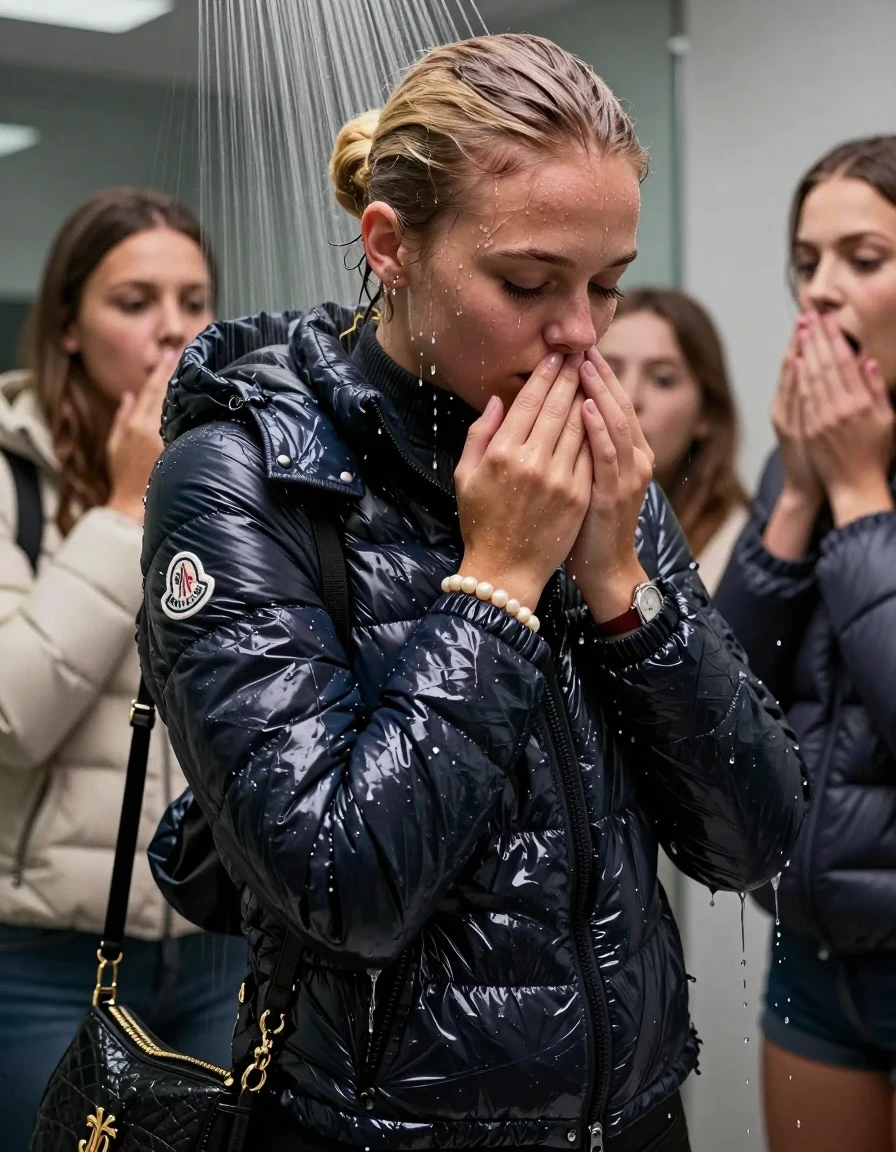 photo of young woman, in soaking wet, drenched clothes,
, , Moncler shiny puffer down jacket, tight turtleneck sweater belly free, shoulderbag, pearl necklace, bracelet, wristwatch, Under the shower, strong jet of water, modern mirrored bathroom, 
enjoying, wet clothes stuck to body,
detailed textures of the wet clothes, wet face, wet plastered hair,
wet, drenched, professional, high-quality details, full body view.
sharp focus, ultra-high pixel detail, realistic, high-quality, full colors, incredibly detailed, 4k, 8k, 16k, hyper-realistic, RAW photo, masterpiece, ultra-detailed, professionally color graded, professional photograph, Blonde Sleek bun

 15-years-old  teenage girl and her female  friends

Only head and shoulders are over the surface visible. Looking down. Open mouth, half closed eyes . Hold her hands on her mouth and nose . hugs her friend. Water running down her face and neck.

The girls wear different clothes and down jackets.

she is completely underwater up to her neck, horny and astonished expression. 

her clothing is soaking wet and clinging tightly to her skin, showing heavy wet folds, darkened fabric texture, and deep water-saturated Patches, her clothes are heavy from the water, water runs from her body and her clothes in streams. A lot of water also runs out of her clothes. Her clothes are darkened by the water. Her submerged clothes are good visible under the water.  she soaked her handbag into the water.

close up view, wet skin, wet clothes, wet hair, damp fabric, water runs down the clothes, wet skin, wet clothes, damp fabric. cinematic medium shot, hyper-realistic wetness, high-contrast water sheen, sharp focus, 16k resolution, professional photography, realistic water physics., wet skin, wet clothes, damp fabric, wet skin, wet clothes, damp fabric, wet skin, wet clothes, damp fabric, wet skin, wet clothes, damp fabric, wet skin, wet clothes, damp fabric, wet skin, wet clothes, damp fabric, wet skin, wet clothes, damp fabric, wet skin, wet clothes, damp fabric, wet skin, wet clothes, damp fabric